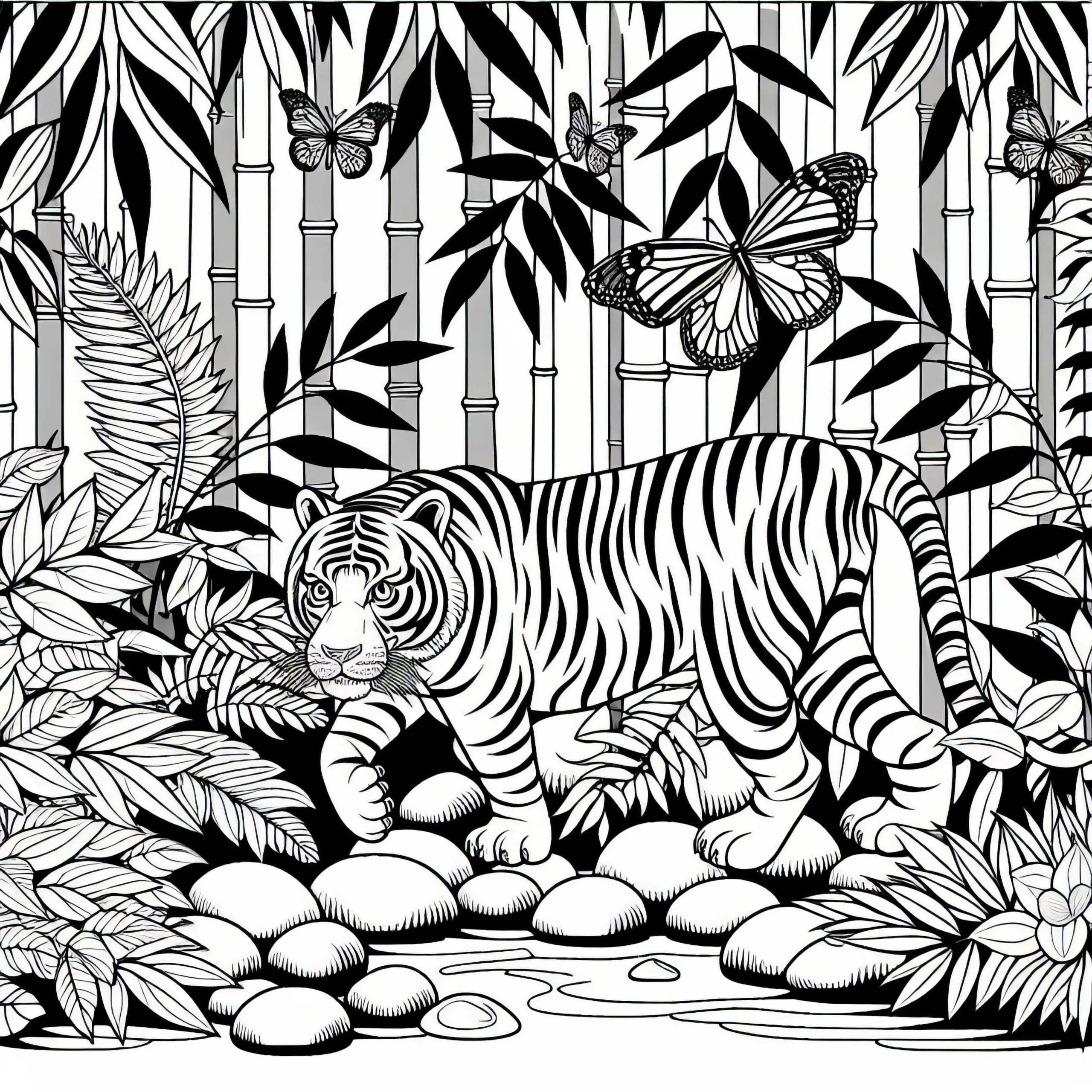 Tiger schleicht durch den Dschungel – Ausmalbild gratis