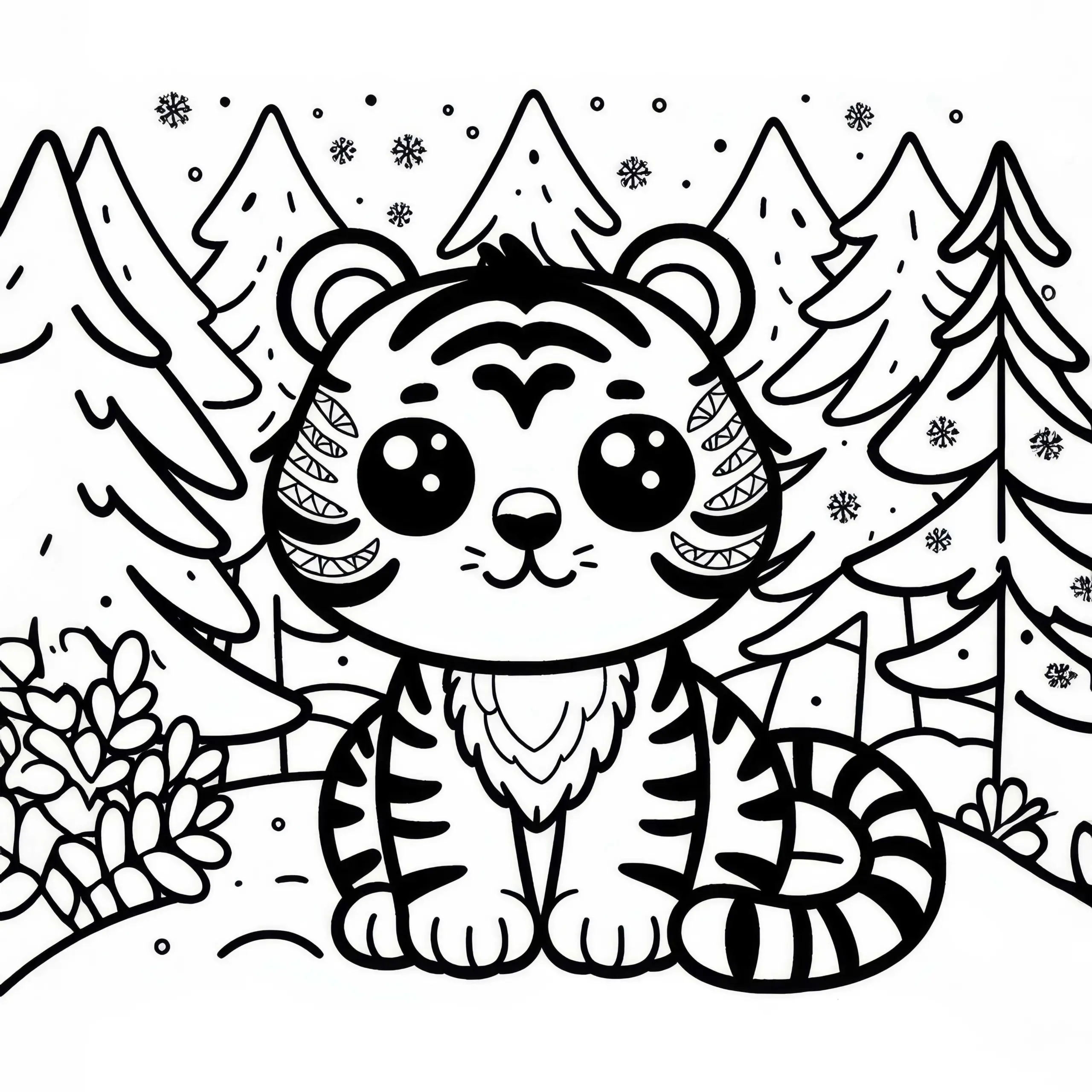 Tiger sitzt im schneebedeckten Wald: Einfaches Ausmalbild zum Download (Kostenlos)
