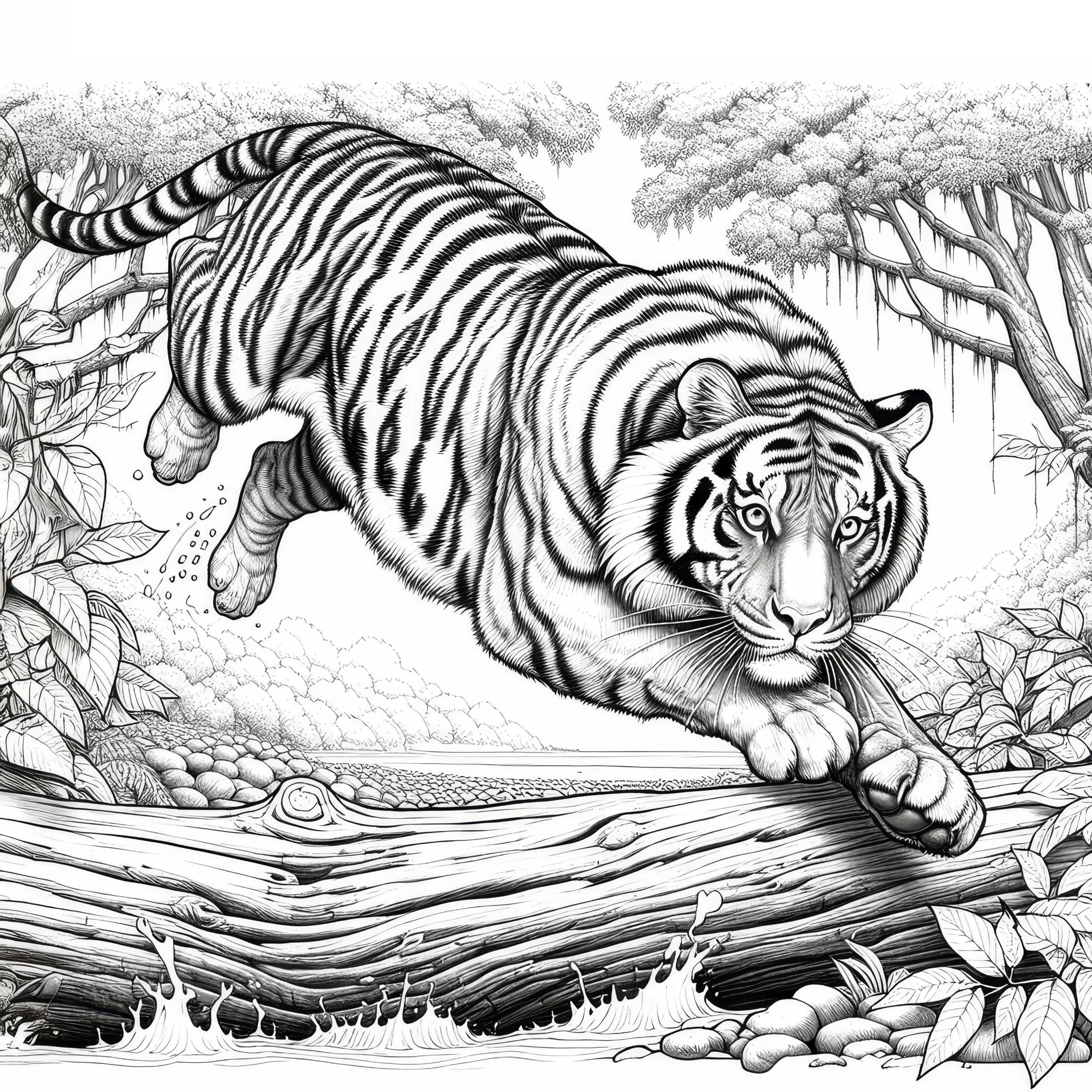 Tiger springt über Baumstamm: Ausmalbild zum Herunterladen (Gratis)