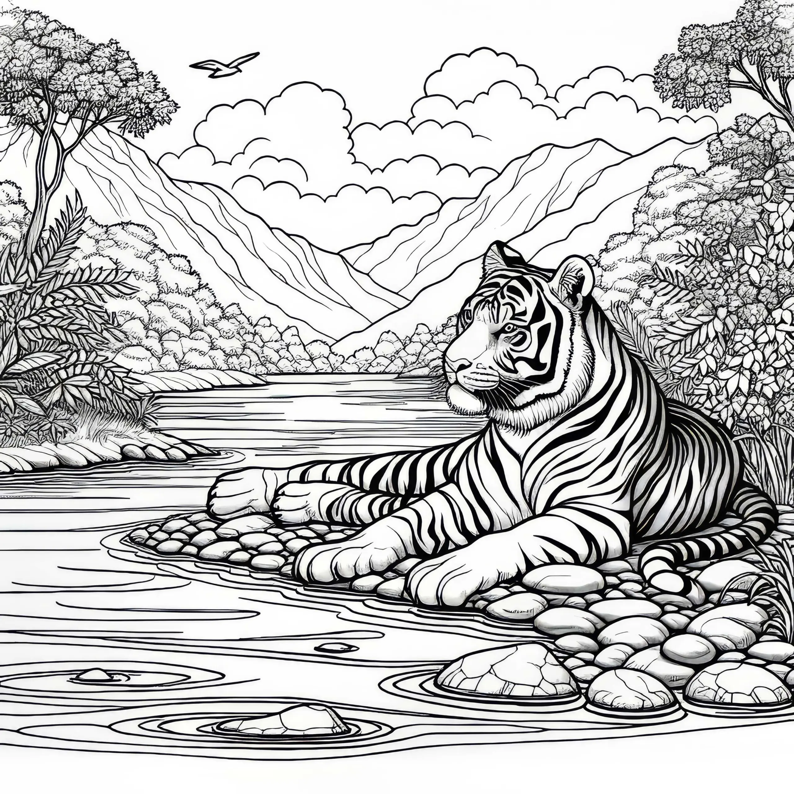 Tiger am Ufer eines Flusses: Detailreiche Malvorlage (Gratis) (Ausmalbild)