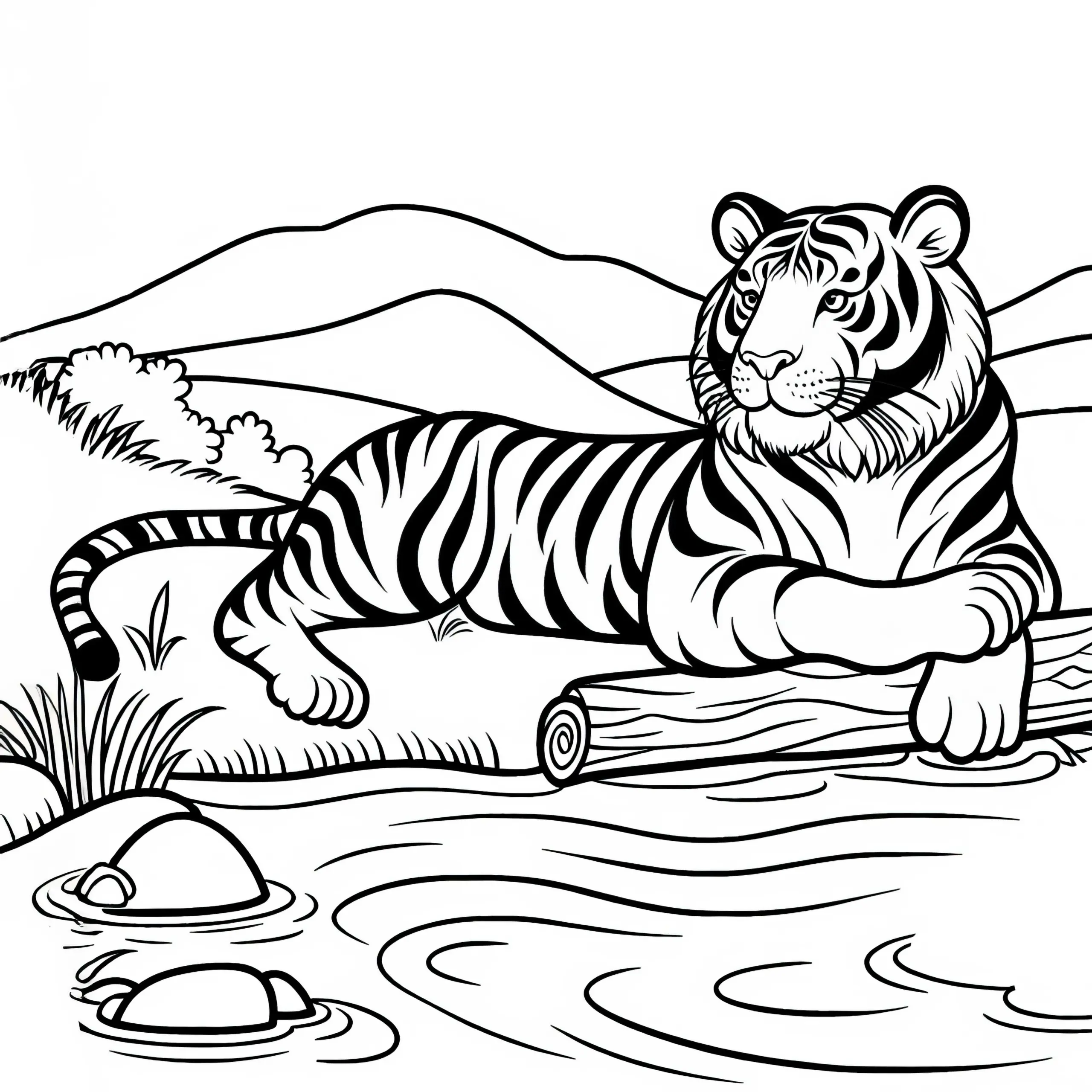 Tiger am Ufer eines Flusses: Malvorlage zum Download (Kostenlos) (Ausmalbild)