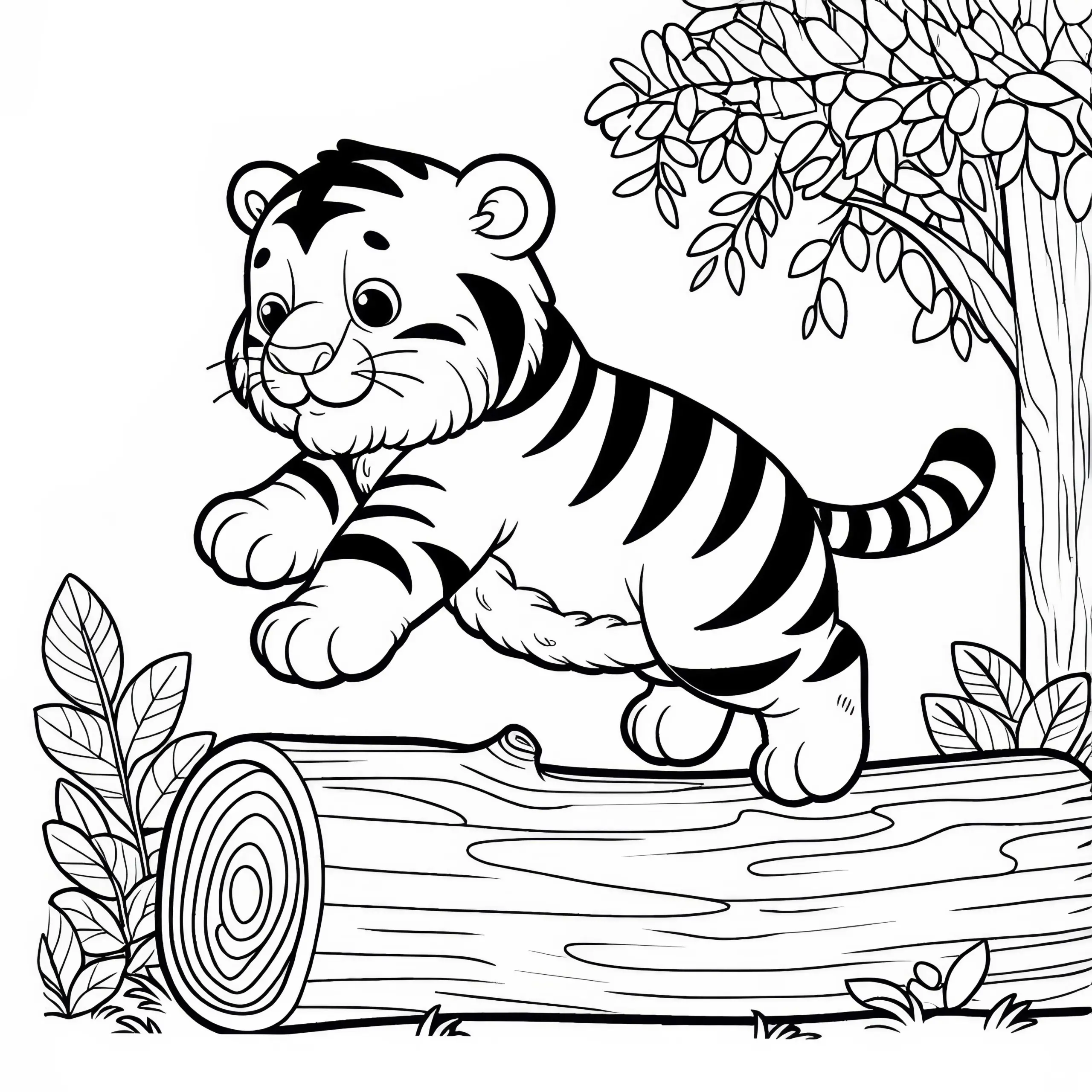 Tigerjunges auf Baumstamm: Einfache Malvorlage (Gratis) (Ausmalbild)