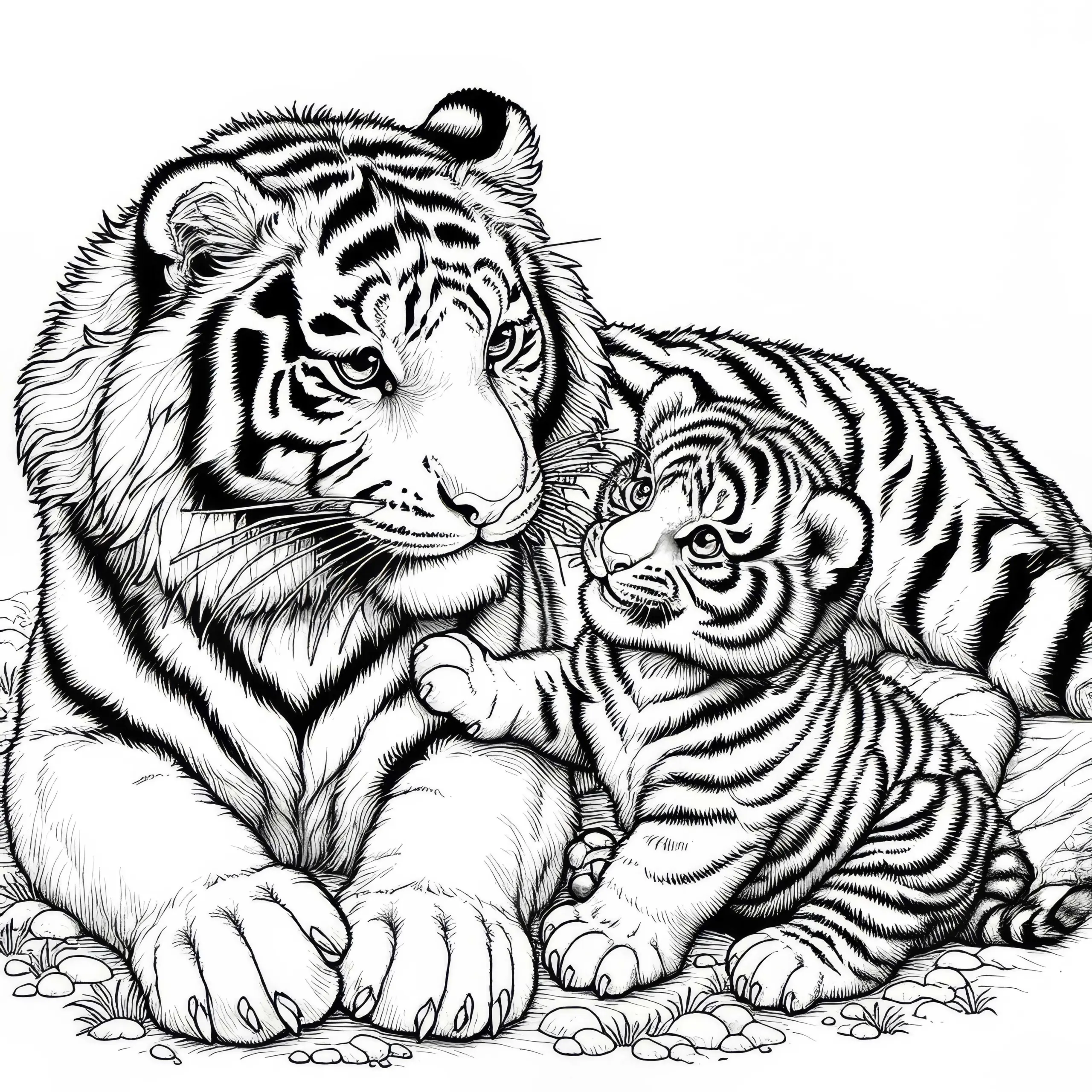 Tigerjunges spielt mit Mutter: Detailreiche Malvorlage (Kostenlos) (Ausmalbild)
