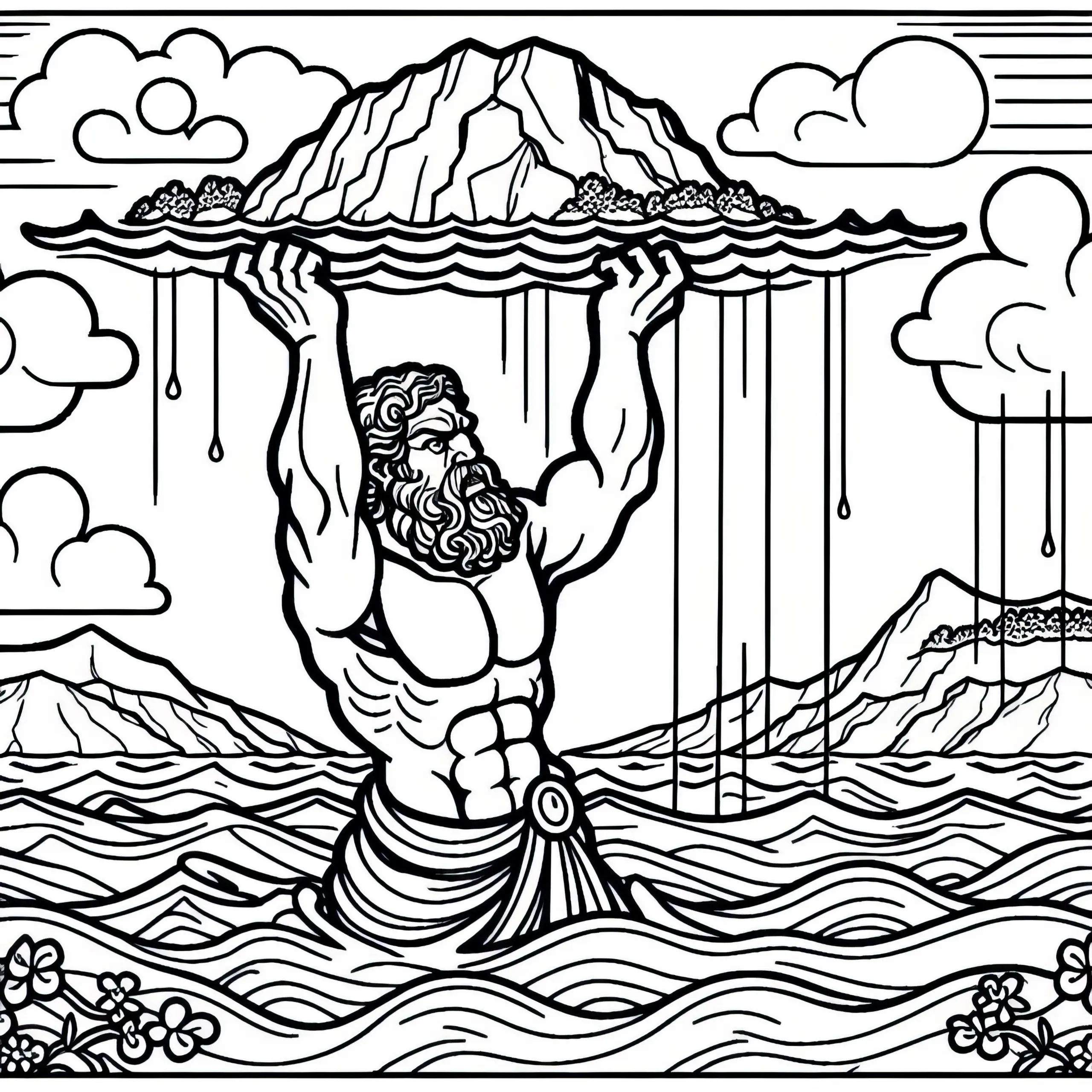 Titan steht im Meer und hebt eine Insel aus dem Wasser – Malvorlage gratis (Ausmalbild)
