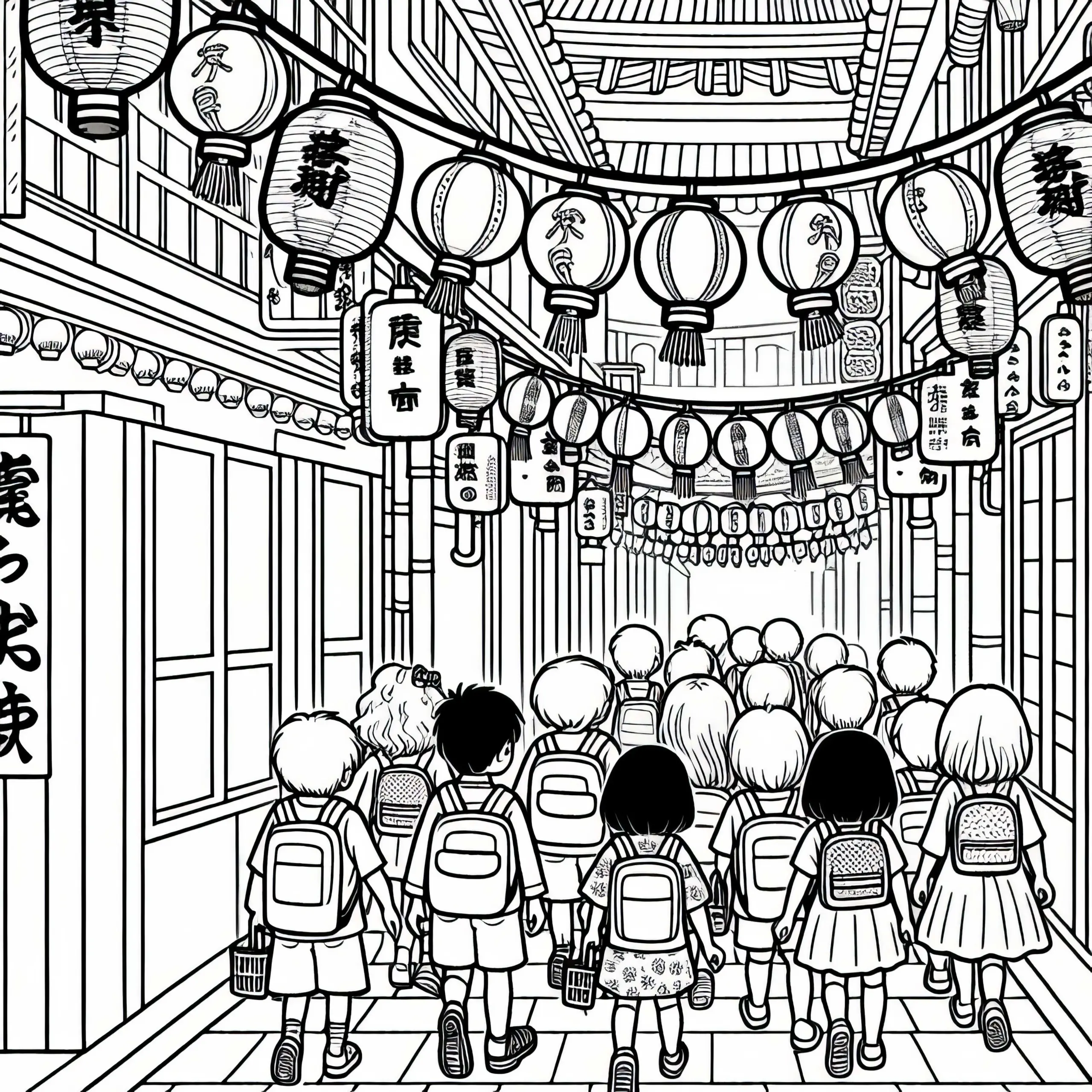 Tokio: Kinder laufen durch kleine Gasse mit Laternen – Ausmalbild