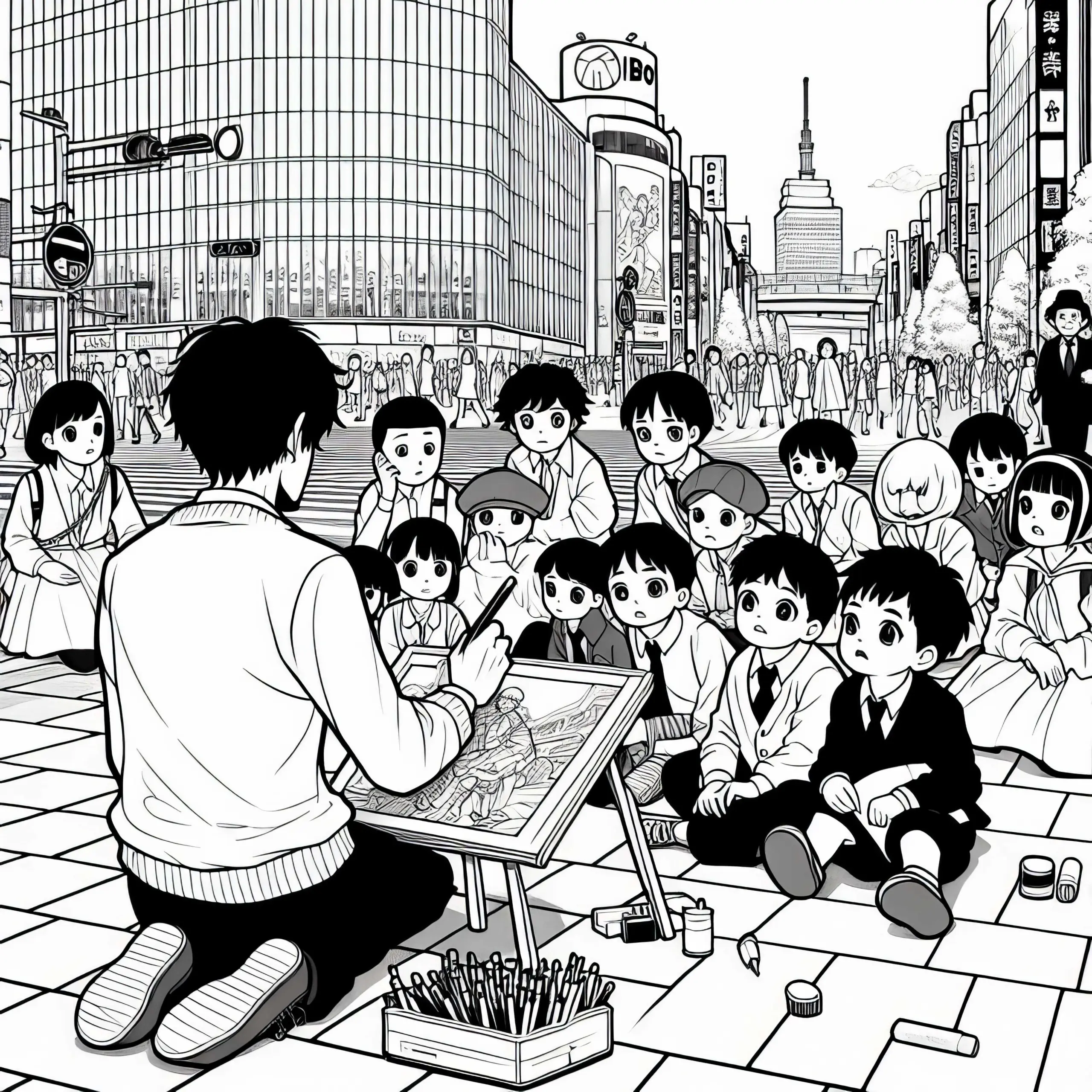 Tokio Manga Zeichner sitzt am Straßenrand, Kinder schauen neugierig zu – Ausmalbild gratis