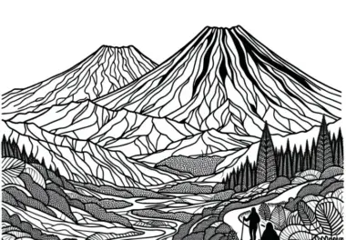 Tongariro Vulkane in Neuseeland mit Wanderweg – Malvorlage Australien und Ozeanien