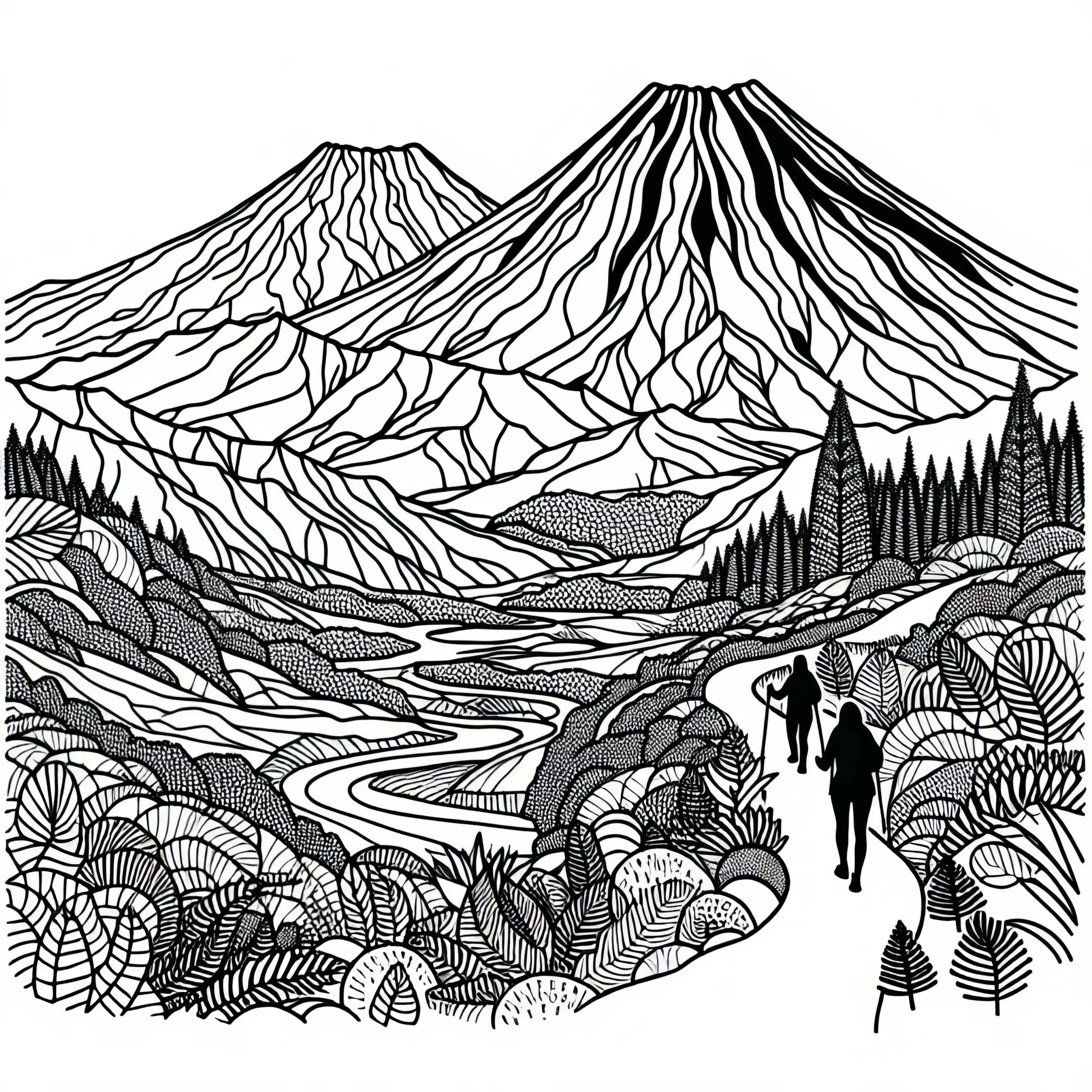 Tongariro Vulkane in Neuseeland mit Wanderweg – Malvorlage Australien und Ozeanien (Ausmalbild)