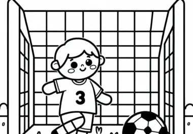 Tor mit Netz und Fußballspieler – Ausmalbild einfach kostenlos