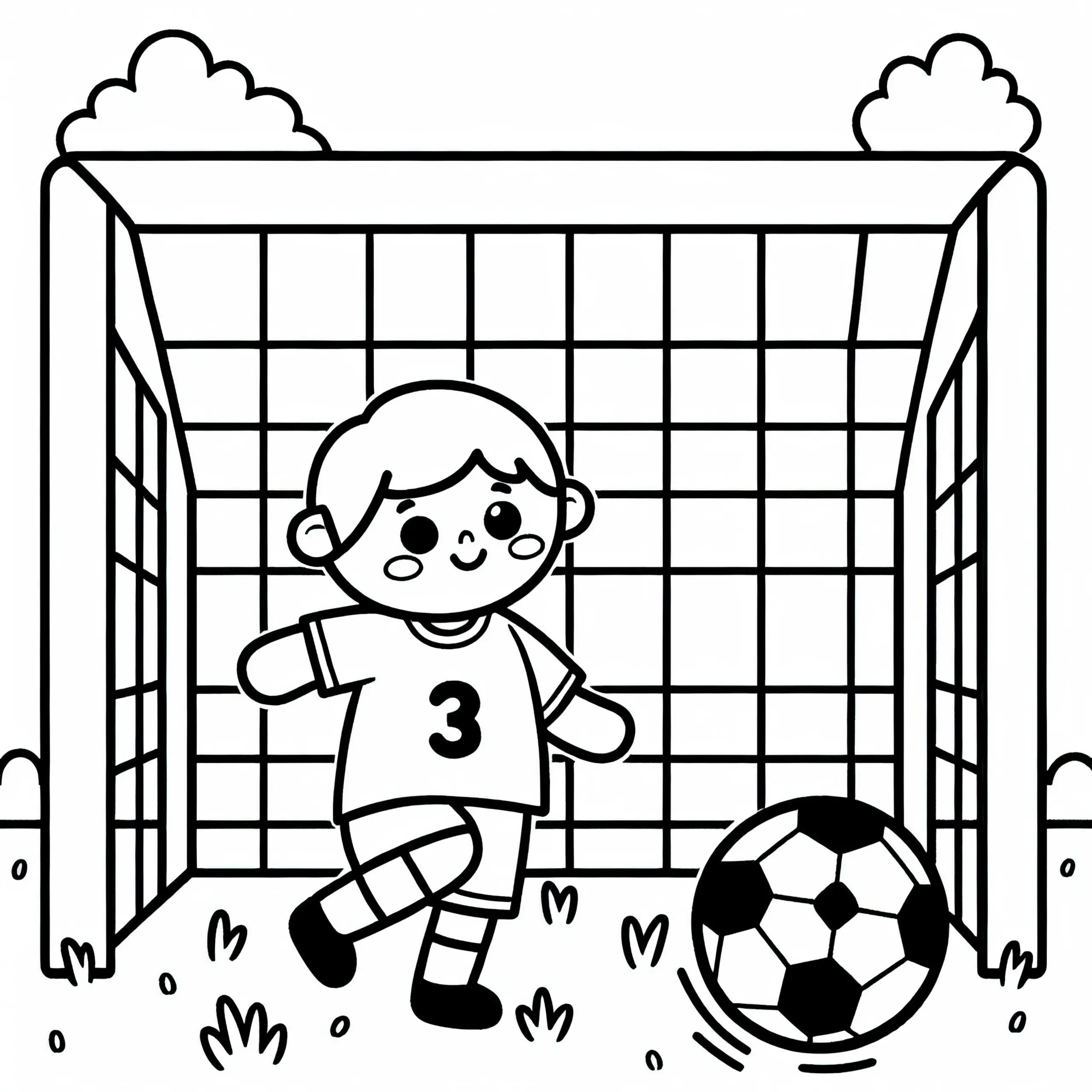 Tor mit Netz und Fußballspieler – Ausmalbild einfach kostenlos