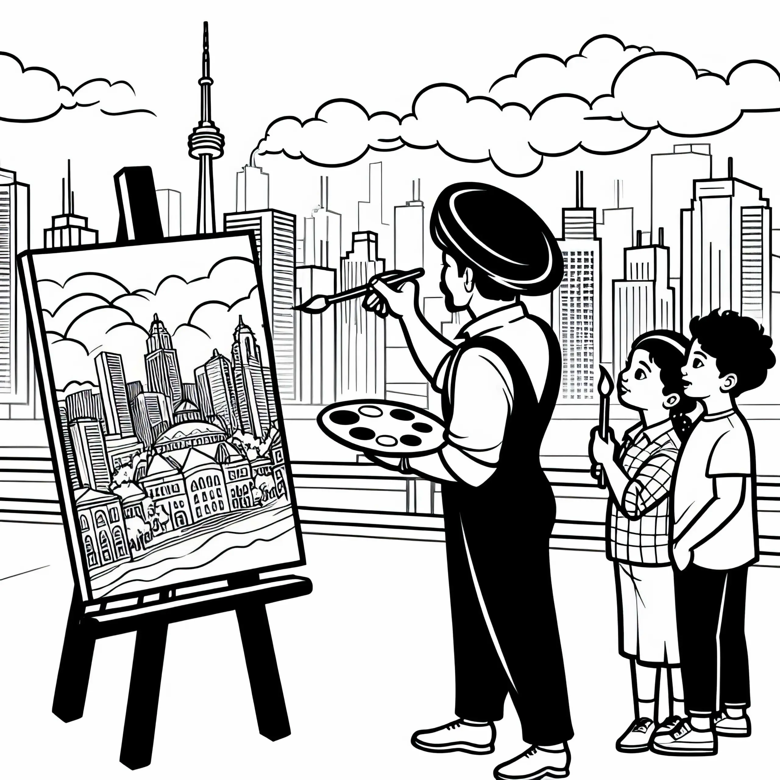 Toronto Straßenkünstler malt Stadtbild – Ausmalbild gratis