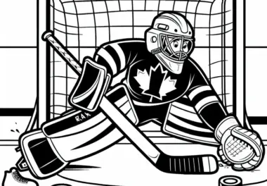 Torwart blockt beim Eishockey Torschuss – Ausmalbild gratis