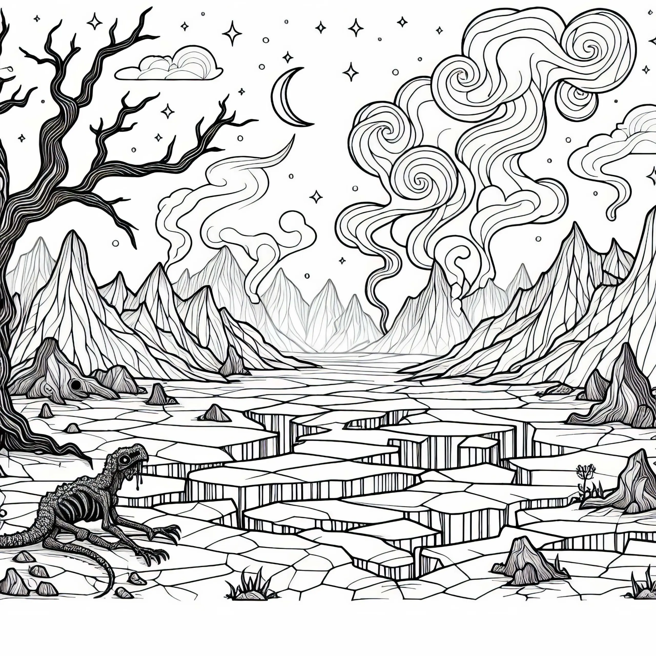 Tote Landschaft mit tiefen Rissen – Malvorlage kostenlos (Ausmalbild)