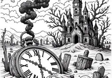 Tote Landschaft mit Uhr, halb vergraben im Ascheboden – Malvorlage kostenlos