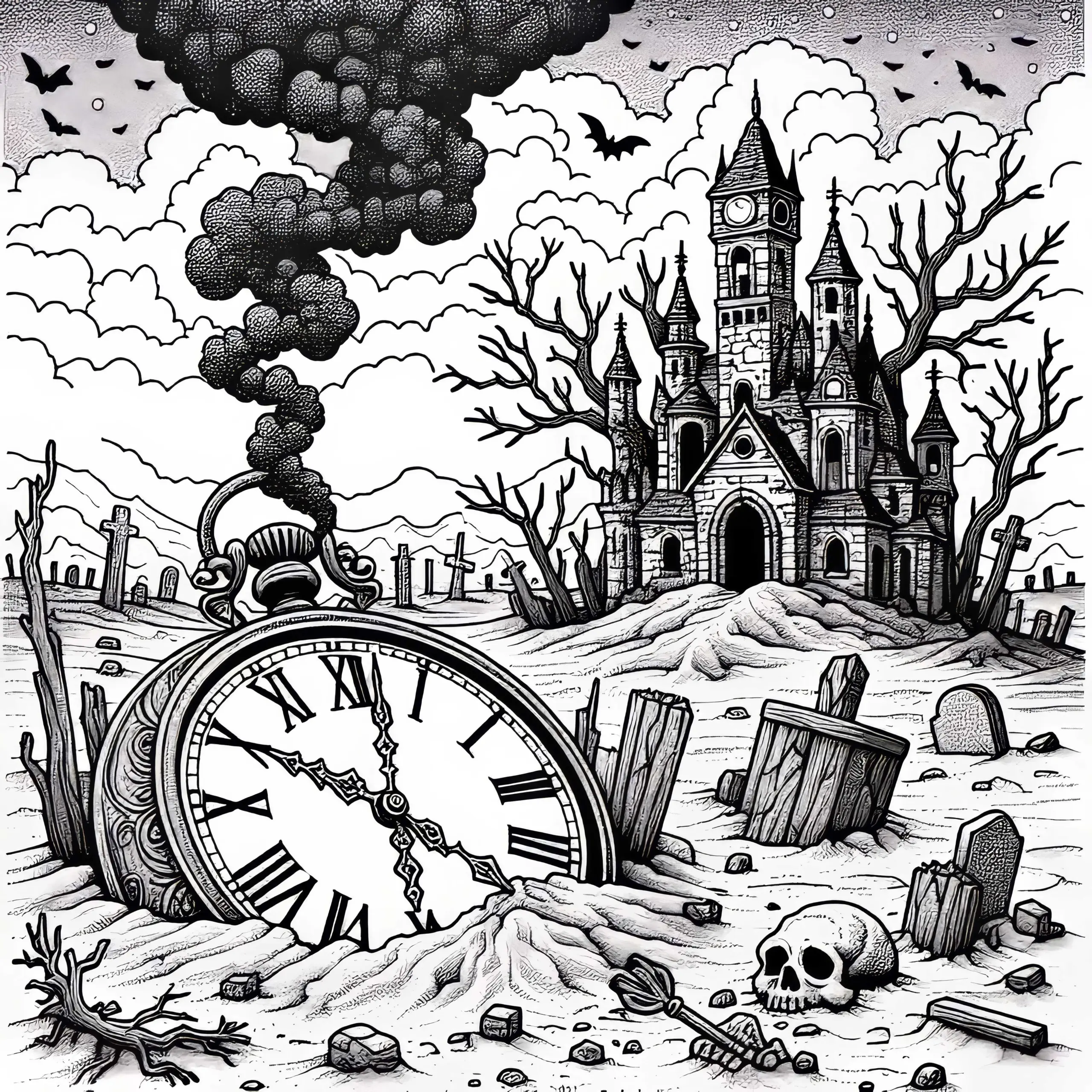 Tote Landschaft mit Uhr, halb vergraben im Ascheboden – Malvorlage kostenlos (Ausmalbild)