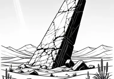 Tote Landschaft mit zerbrochenem Obelisk in sandverwehter Ebene – kostenloses Ausmalbild