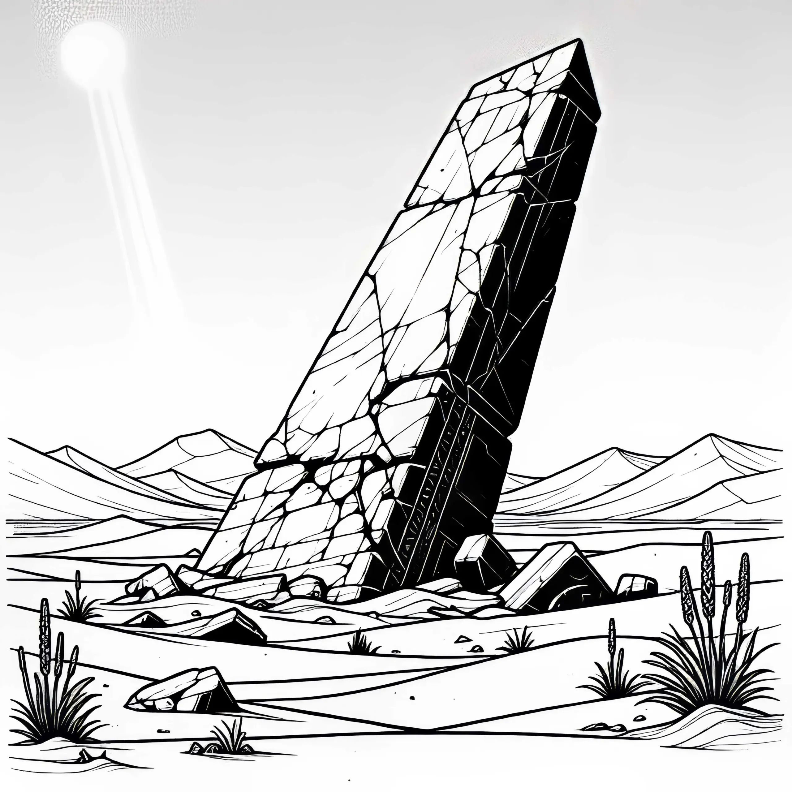 Tote Landschaft mit zerbrochenem Obelisk in sandverwehter Ebene – kostenloses Ausmalbild