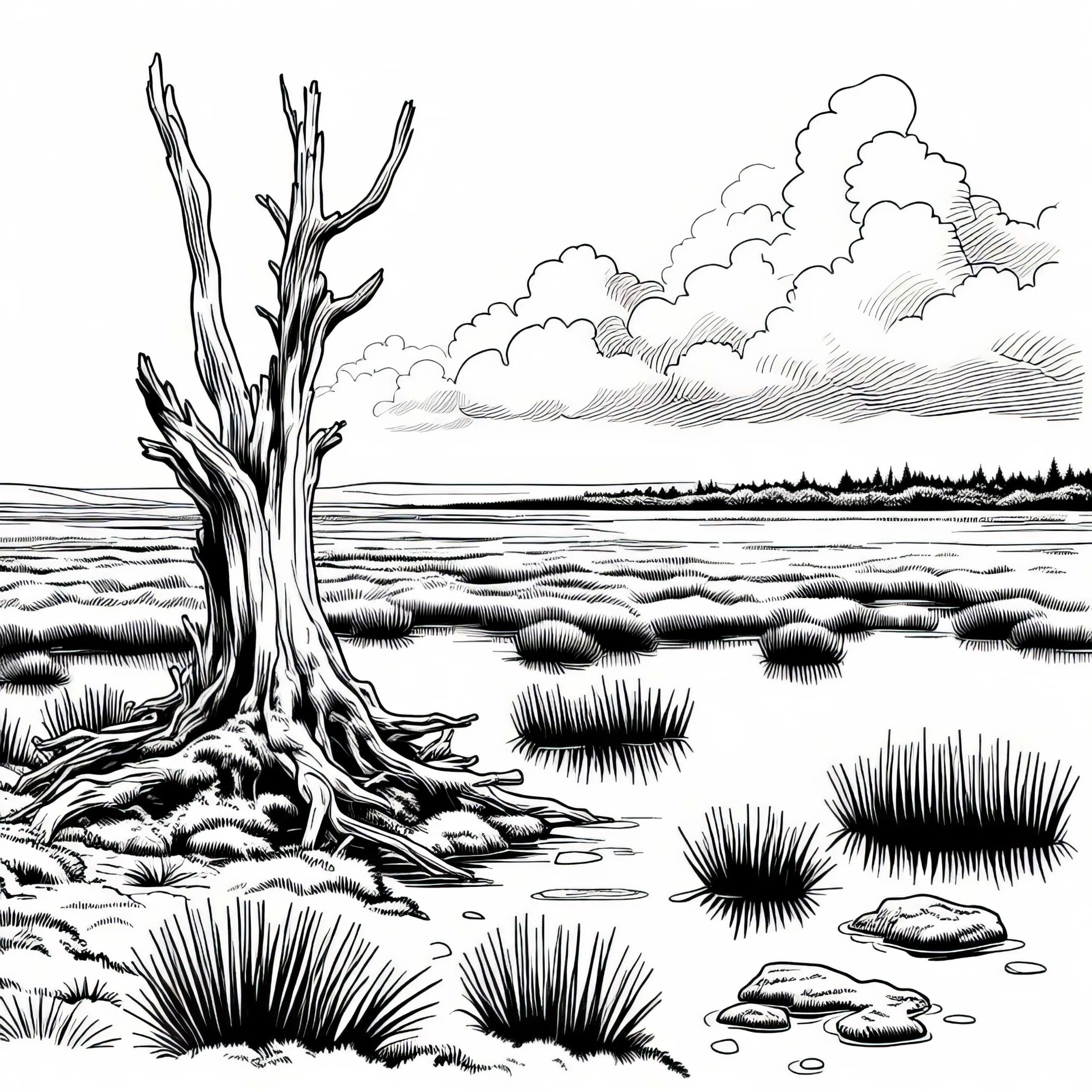 Totholz ragt aus Wasser eines Moors – Malvorlage kostenlos (Ausmalbild)