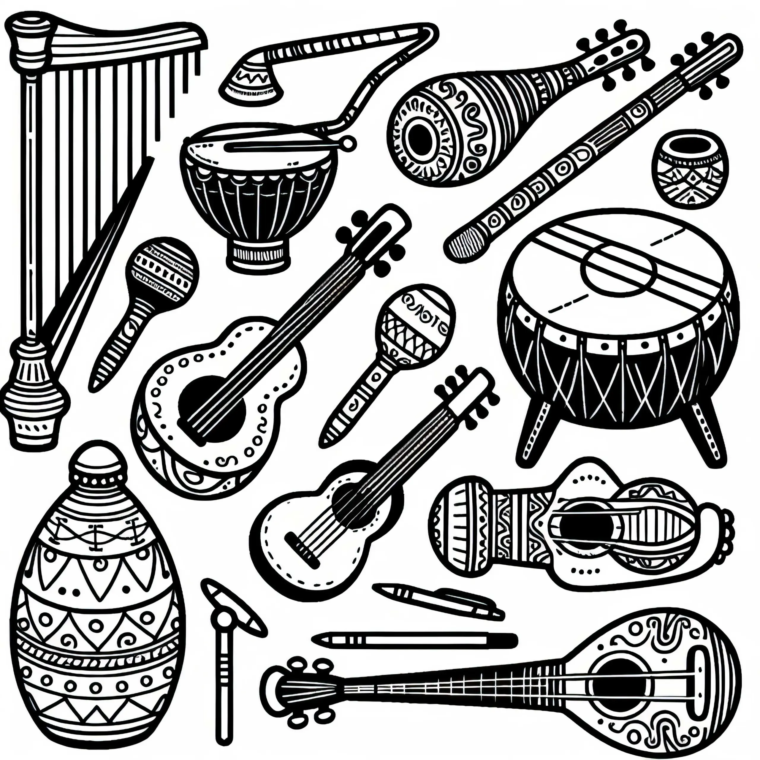 Traditionelle exotische Instrumente – Ausmalbild gratis