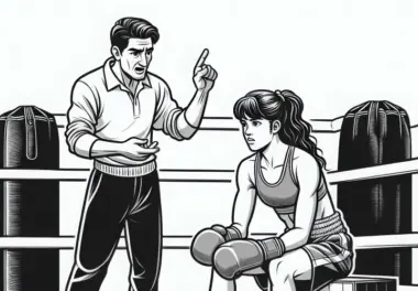 Trainer gibt Anweisungen an Boxerin – Ausmalbild gratis
