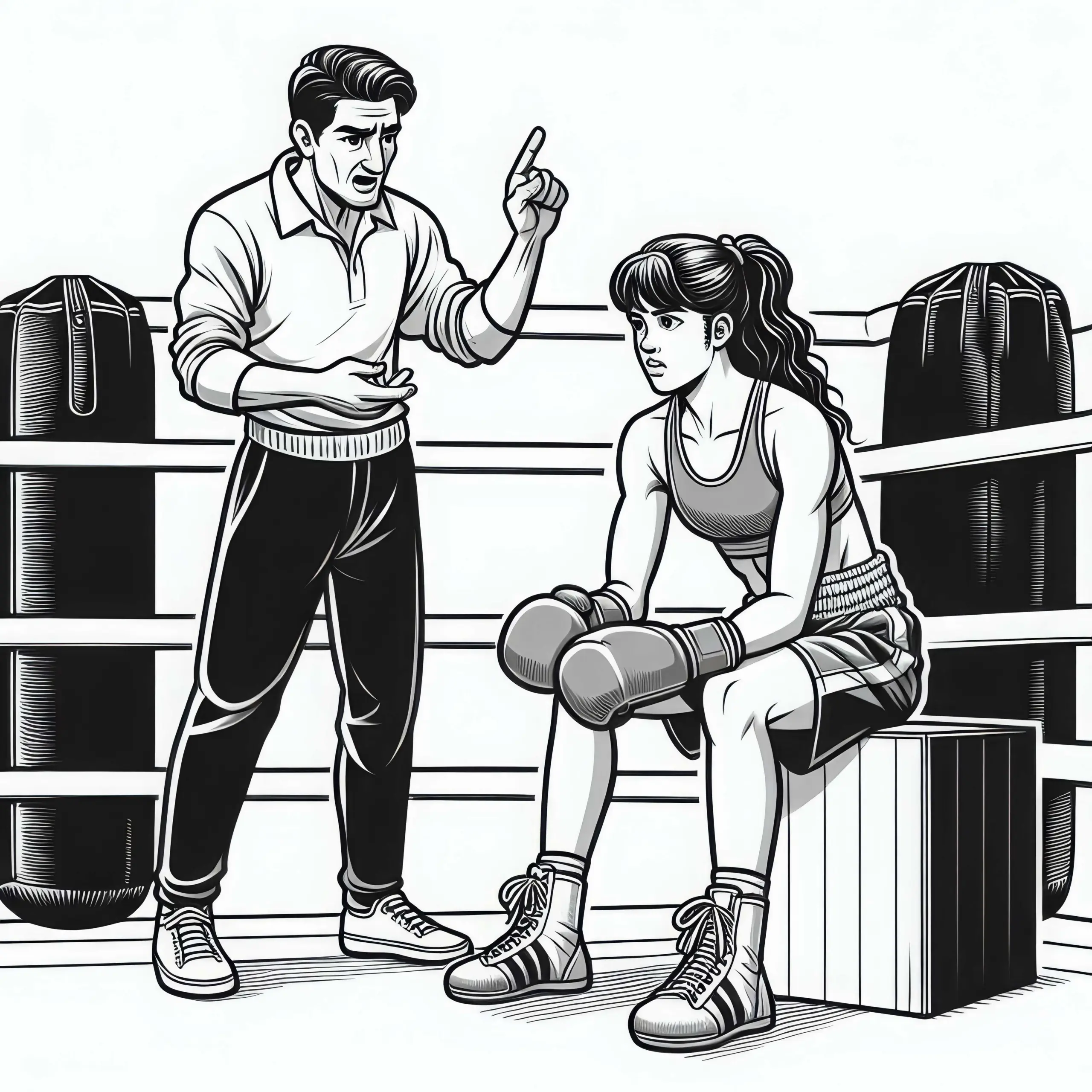 Trainer gibt Anweisungen an Boxerin – Ausmalbild gratis