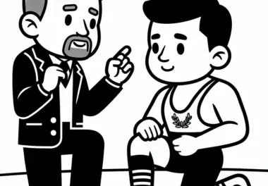 Trainer gibt einem jungen Ringer Anweisungen – Malvorlage Kostenlos