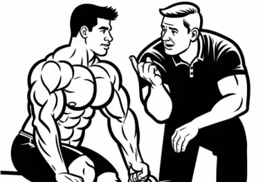 Trainer gibt Tipps beim Krafttraining eines Bodybuilders – Malvorlage kostenlos