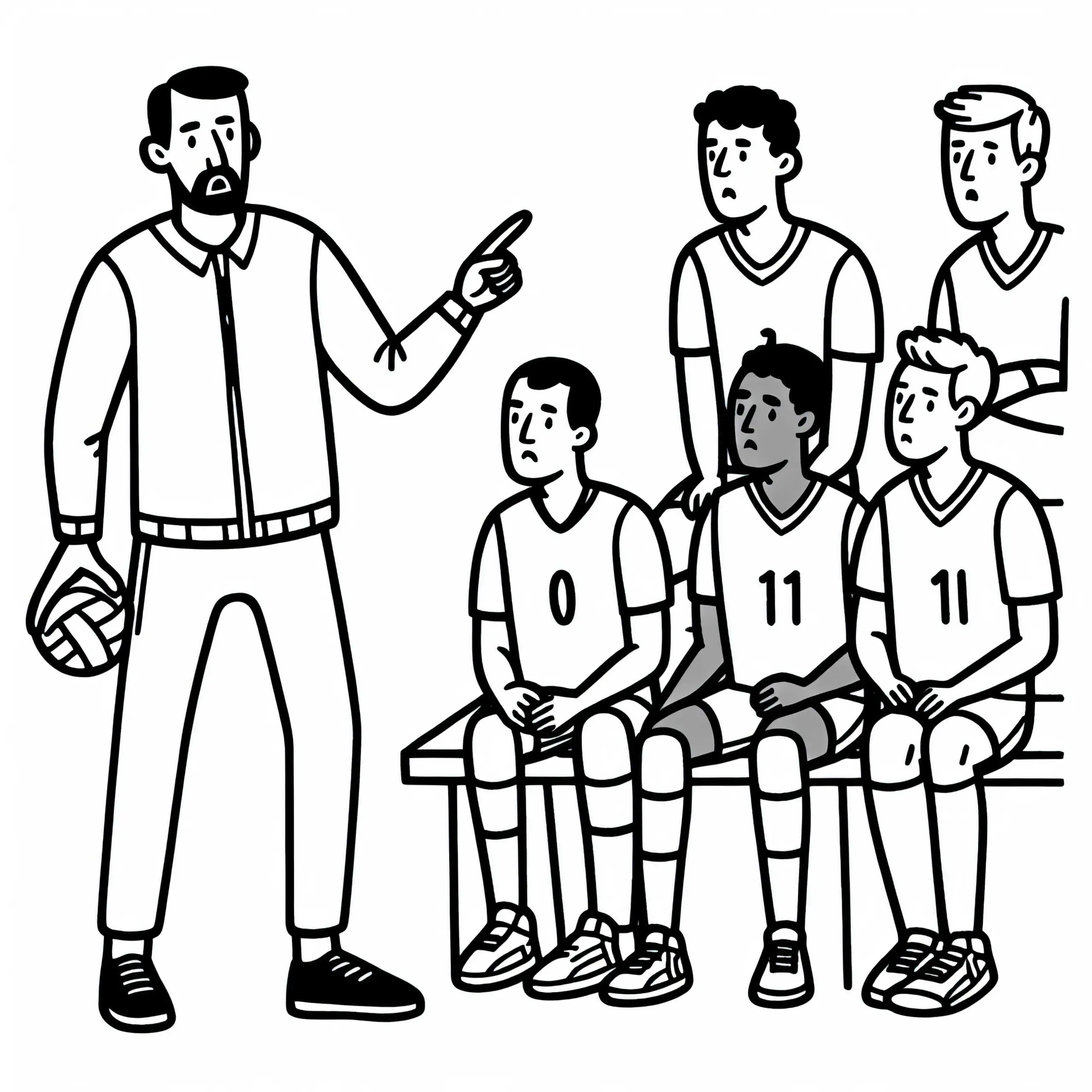 Trainer gibt Volleyballspielern Anweisungen – Malvorlage Kostenlos (Ausmalbild)