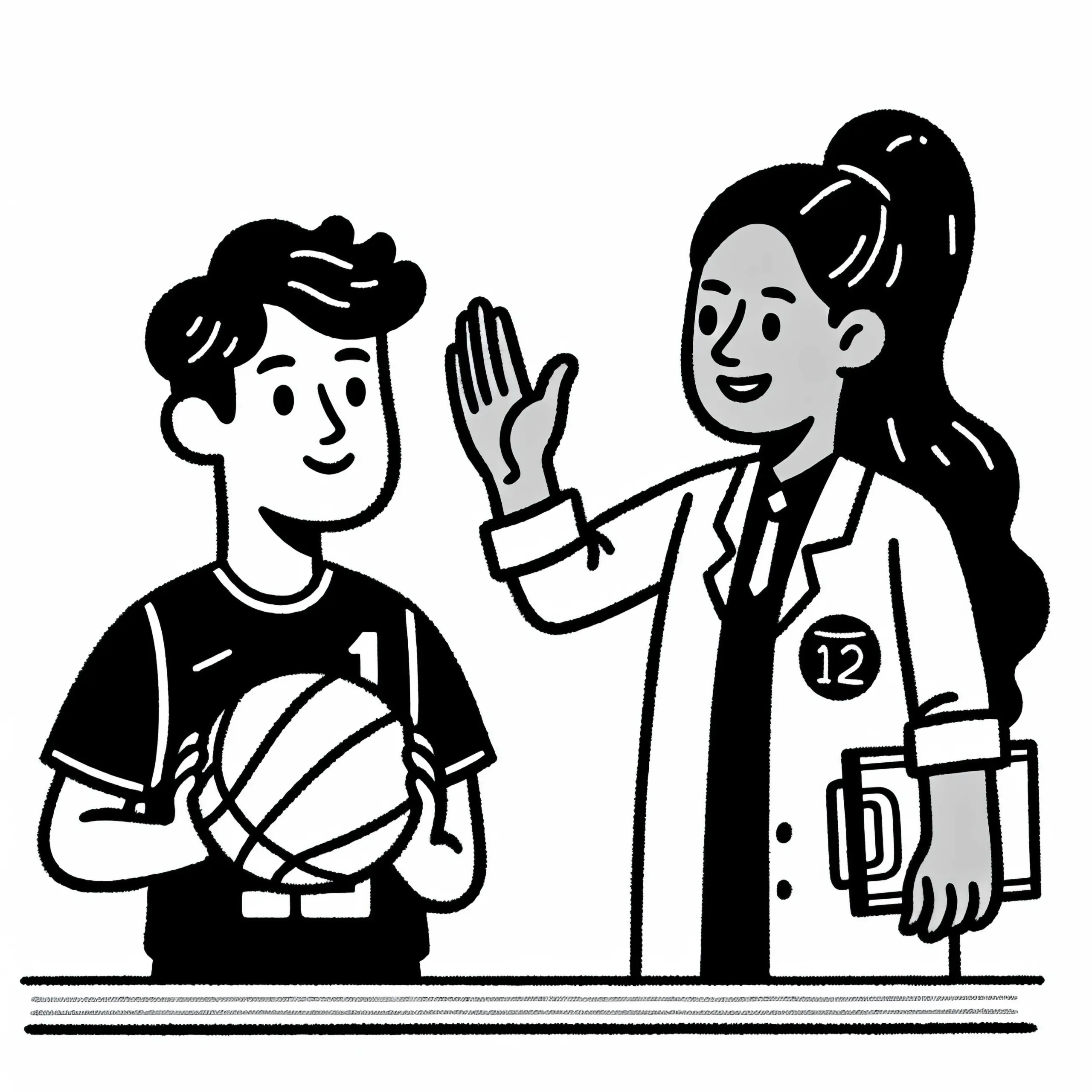 Trainerin gibt Basketballspieler eine High Five – Malvorlage kostenlos (Ausmalbild)