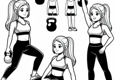 Trainerin zeigt Fitnessübungen mit Kettlebell – Ausmalbild kostenlos