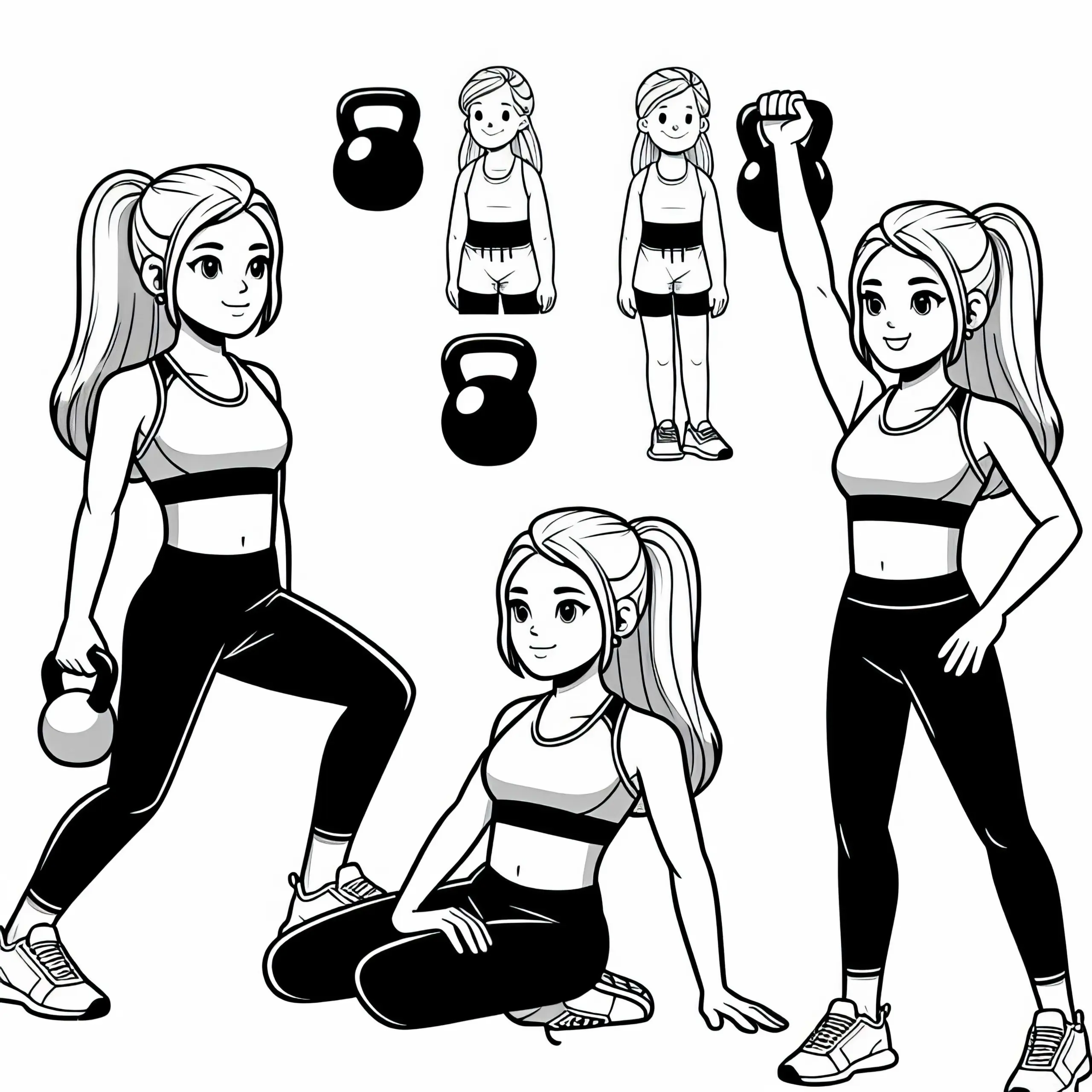 Trainerin zeigt Fitnessübungen mit Kettlebell – Ausmalbild kostenlos