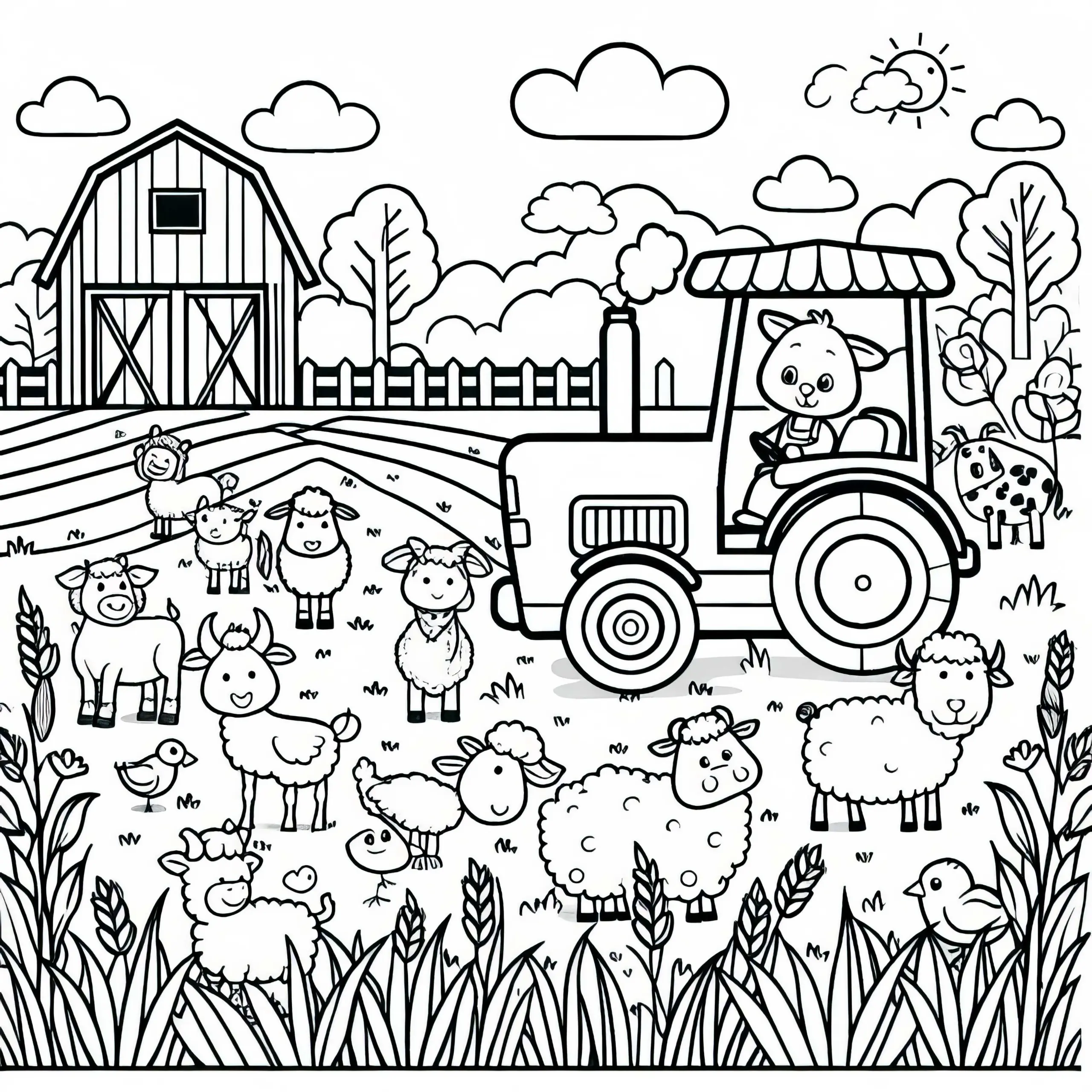 Traktor fährt über Feld mit Tieren – Malvorlage für Jungs ab drei kostenlos (Ausmalbild)