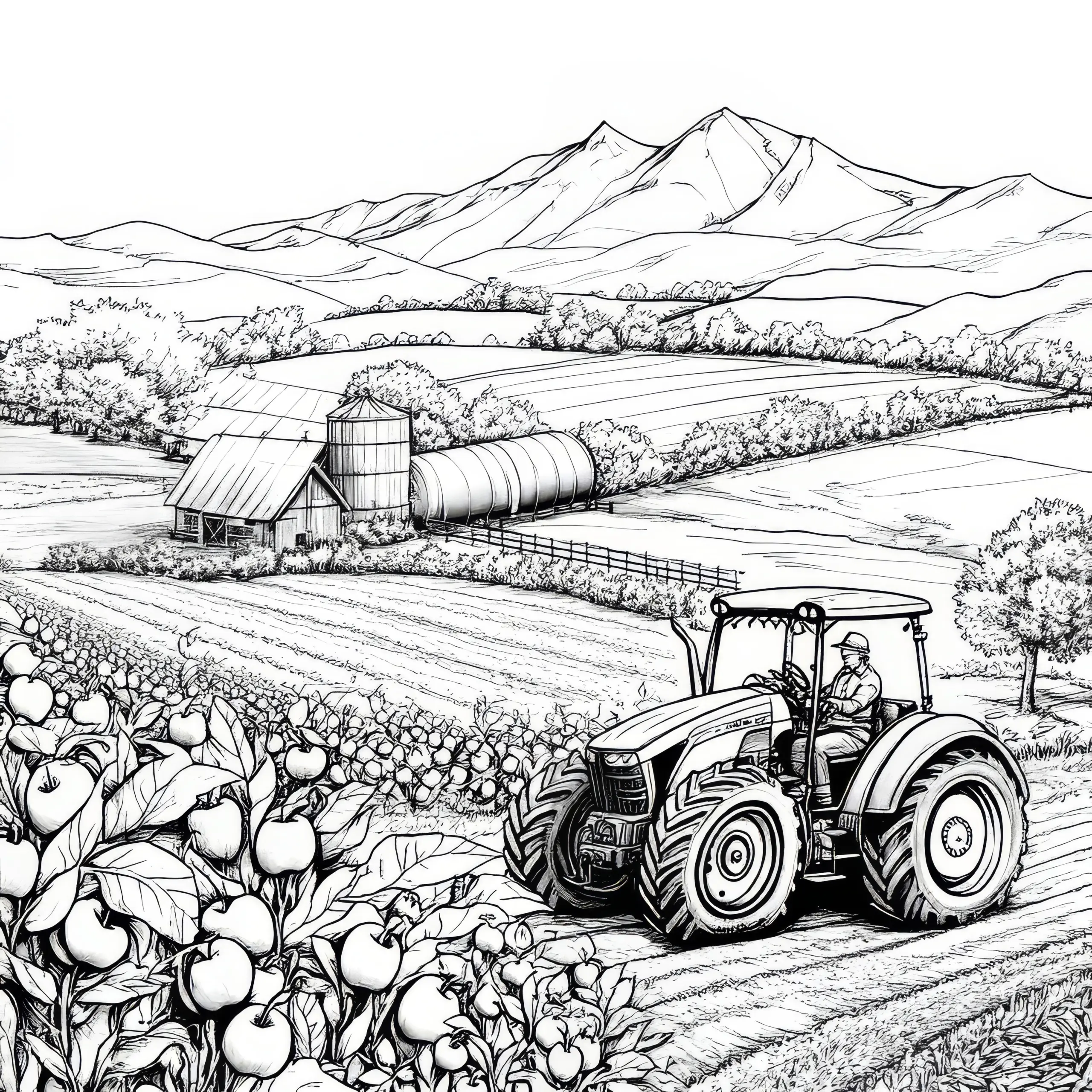 Traktor auf Feldweg und Bauernhof: Malvorlage zum Herunterladen (Gratis) (Ausmalbild)
