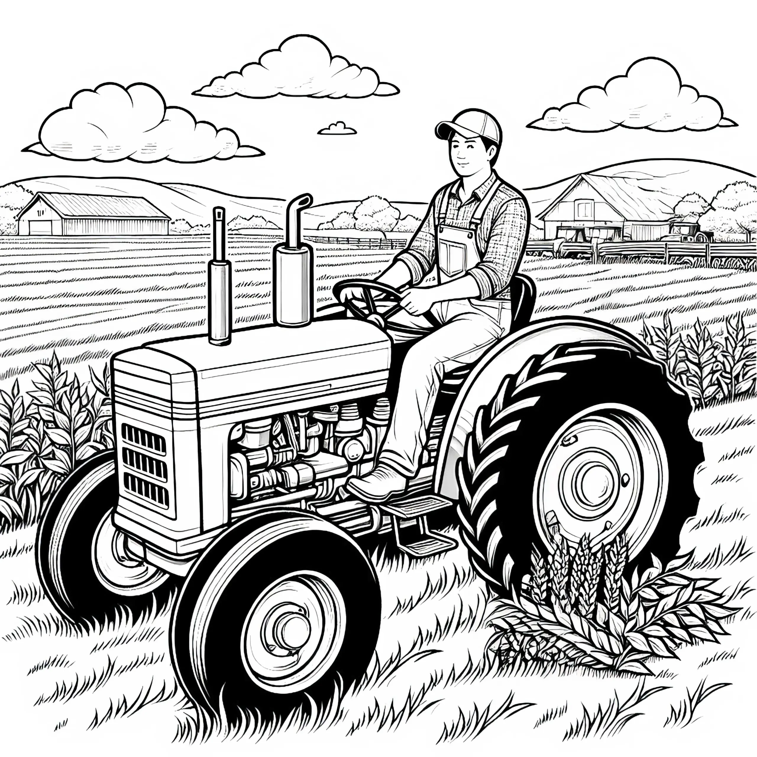 Traktor mit Bauer – Detailreiches Ausmalbild kostenlos