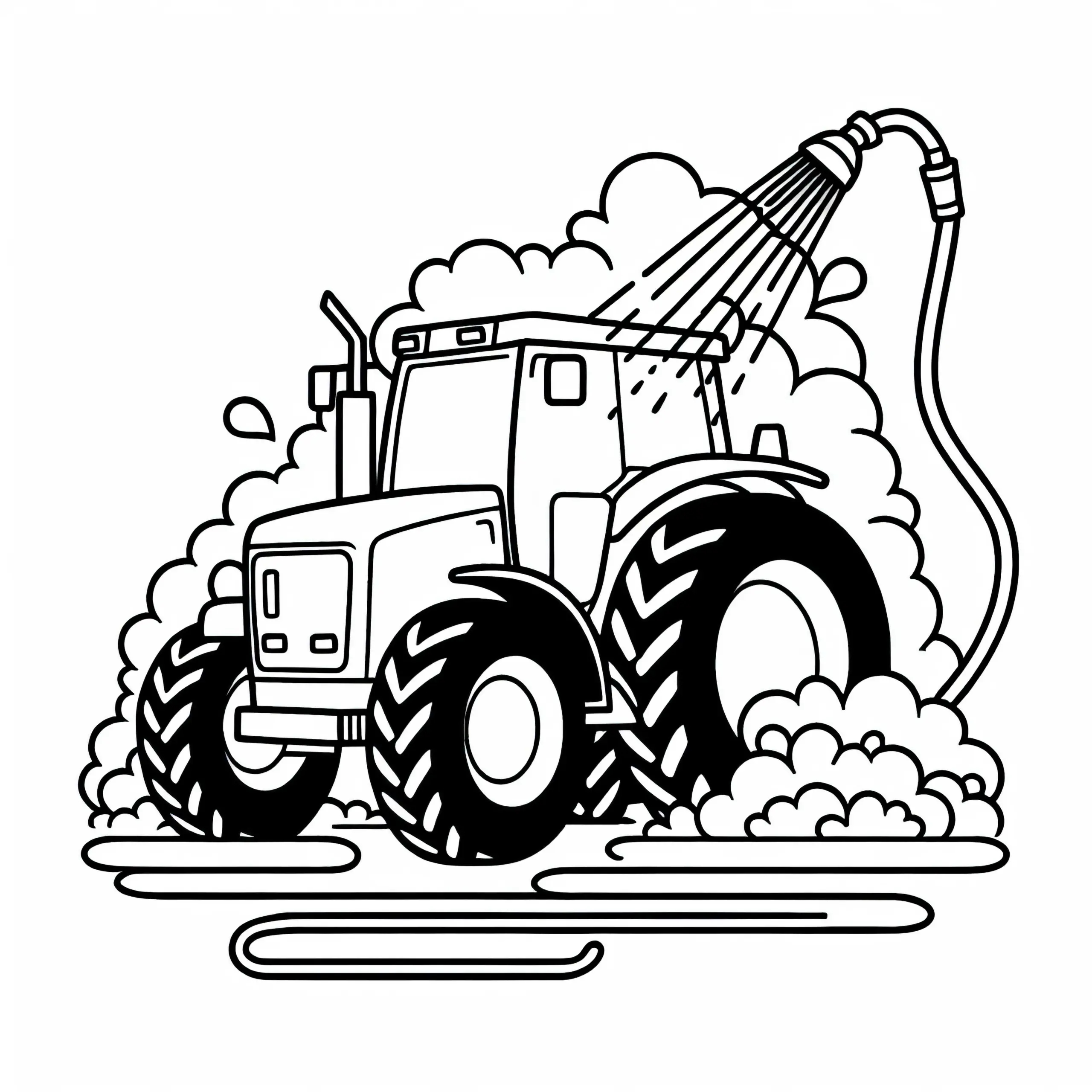 Traktor wird mit Wasser abgespritzt – Ausmalbild gratis