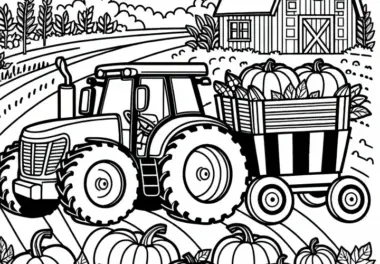 Traktor zieht Anhänger mit Kürbissen zur Erntezeit – Ausmalbild kostenlos