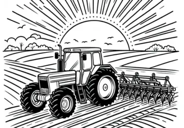 Traktor zieht Pflug über Feld bei Sonnenaufgang – Ausmalbild kostenlos