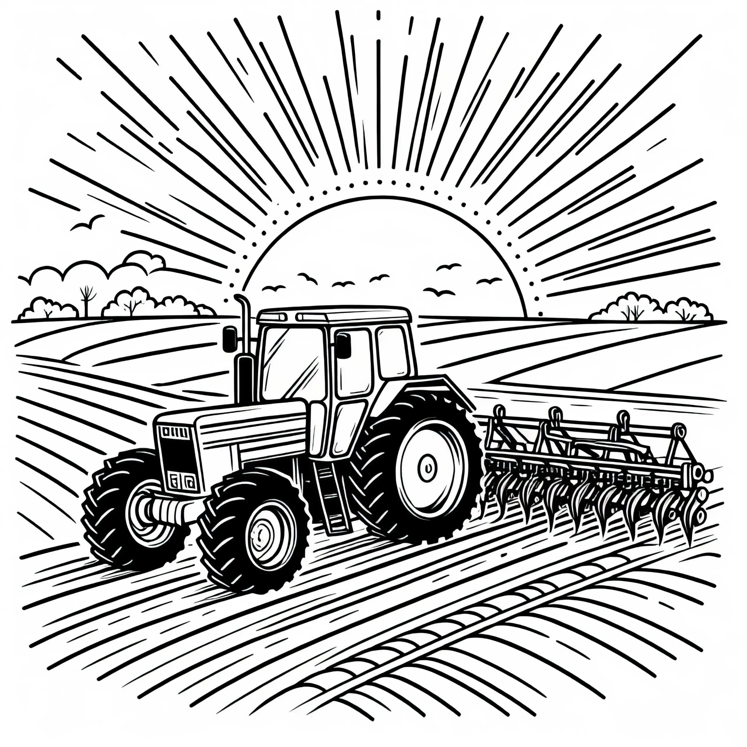 Traktor zieht Pflug über Feld bei Sonnenaufgang – Ausmalbild kostenlos