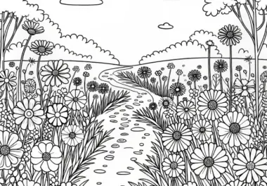 Trampelpfad führt durch eine hohe Blumenwiese – Malvorlage kostenlos