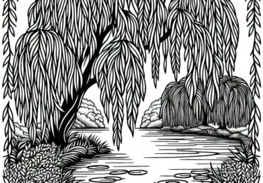 Trauerweide hängt mit Zweigen über Teich – Ausmalbild kostenlos