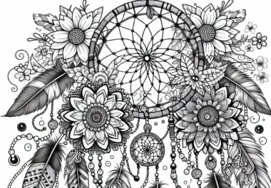 Traumfänger mit Federn, Perlen und Blumen – Ausmalbild für Erwachsene kostenlos