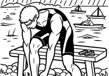 Triathlet zieht in Wechselzone Laufschuhe an – Ausmalbild kostenlos