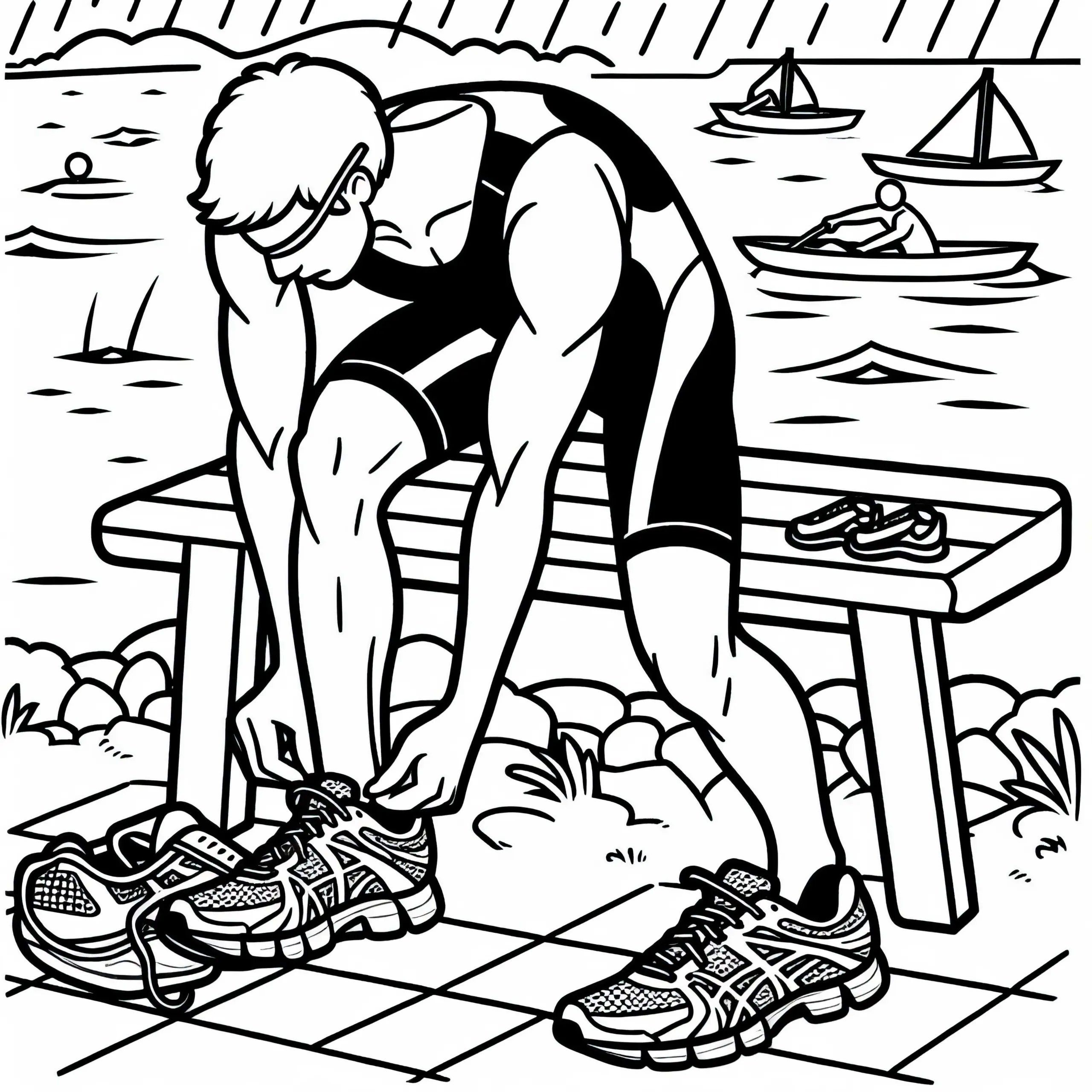 Triathlet zieht in Wechselzone Laufschuhe an – Ausmalbild kostenlos