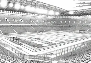 Ausmalbild einer Tribüne eines Fußballstadions – Detailreich und Kostenlos