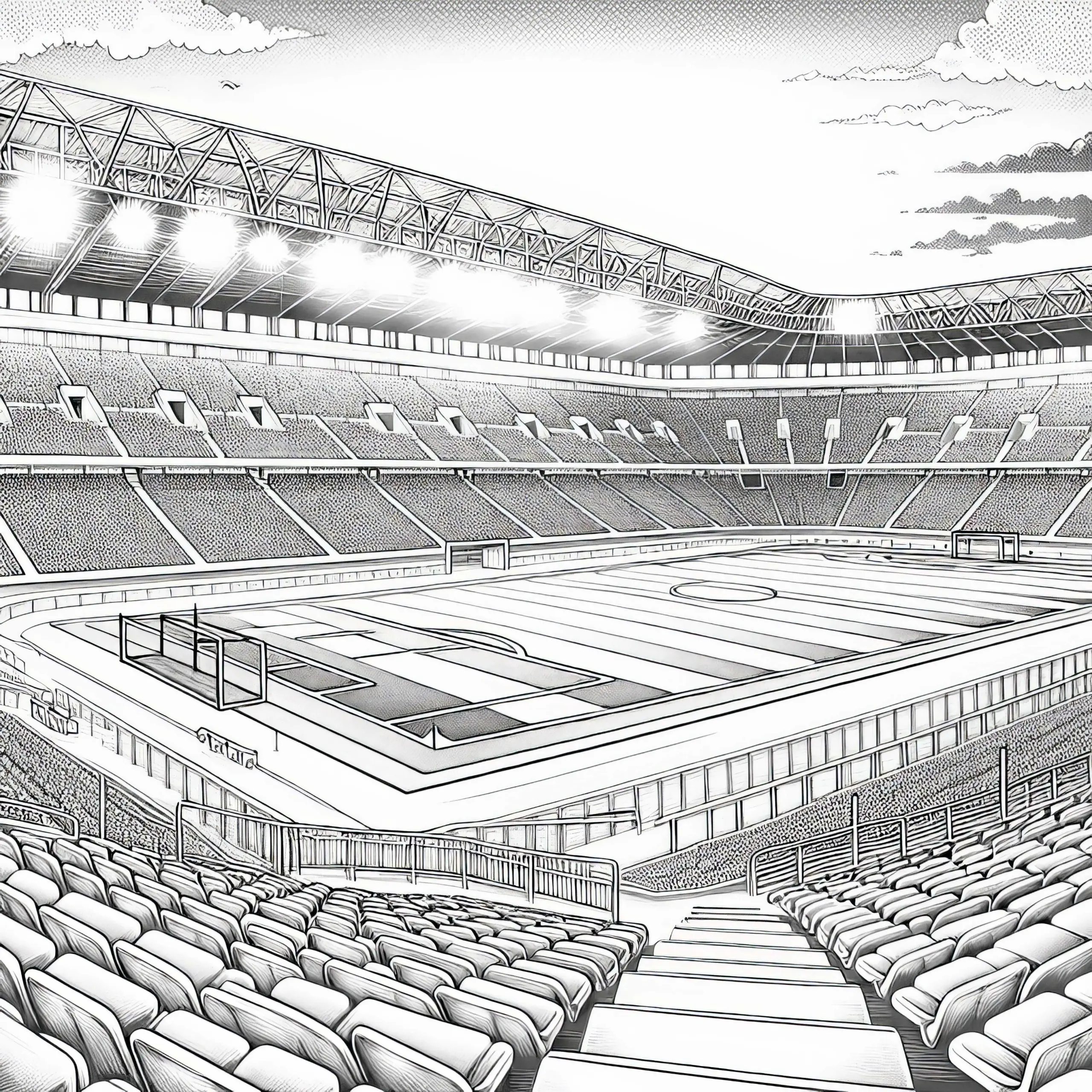 Ausmalbild einer Tribüne eines Fußballstadions – Detailreich und Kostenlos