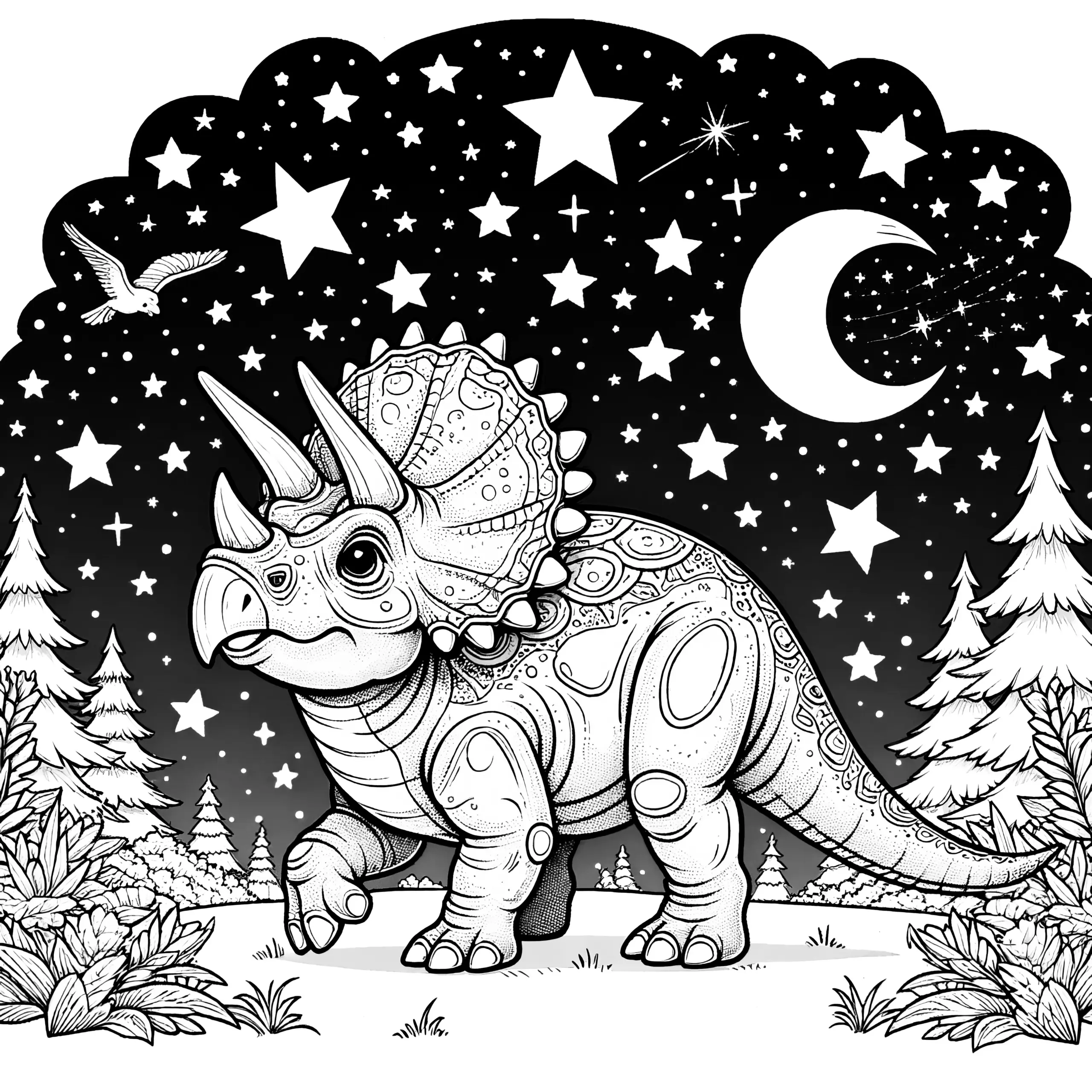 Malvorlage: Majestätischer Triceratops im nächtlichen Wald (Ausmalbild)