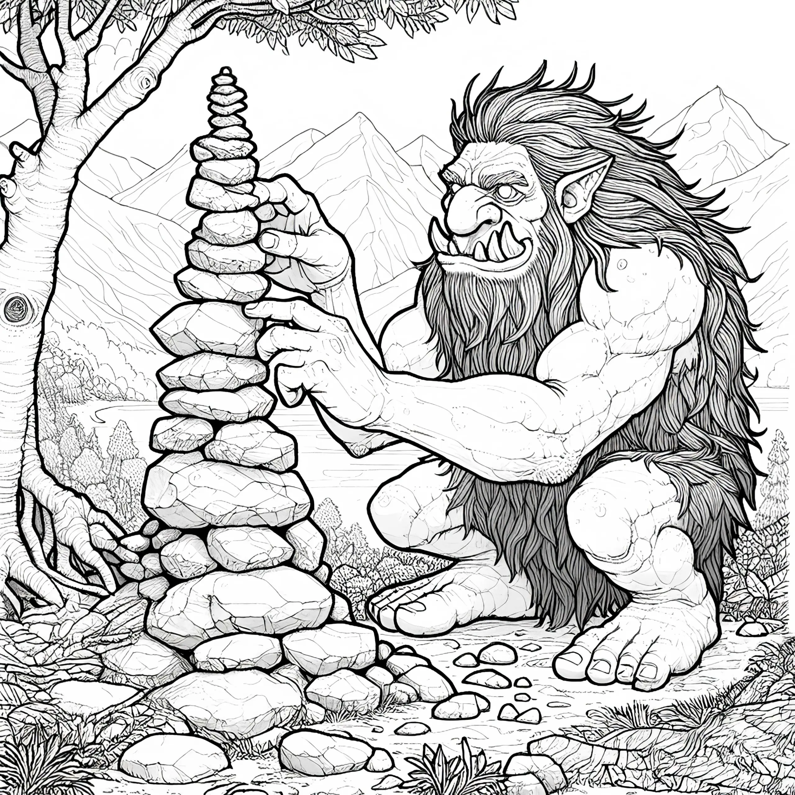 Troll baut einen Steinhaufen als Denkmal für seine Stärke: Malvorlage zum Herunterladen (Gratis) (Ausmalbild)