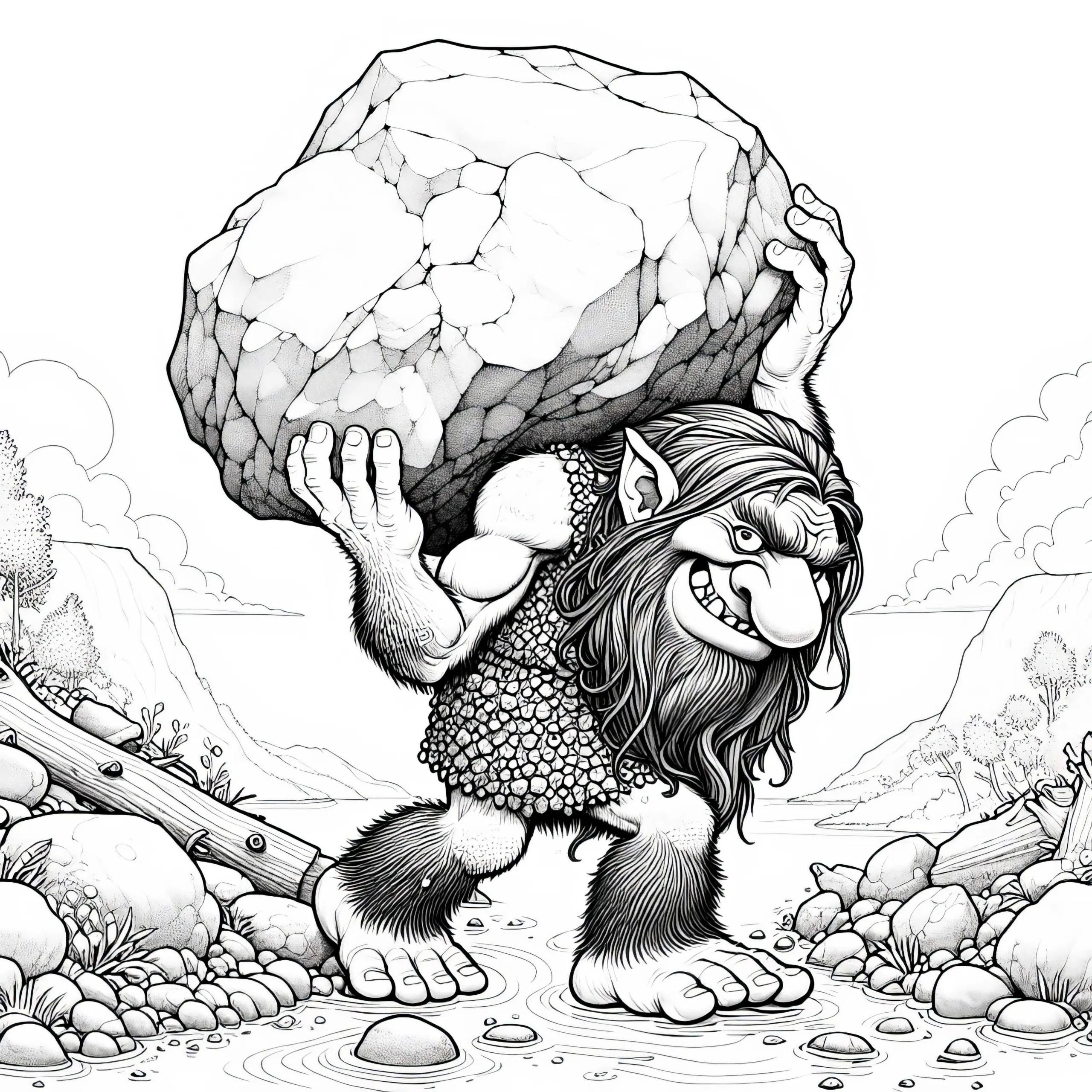 Troll hebt einen großen Felsen: Detailreiche Malvorlage (Kostenlos) (Ausmalbild)