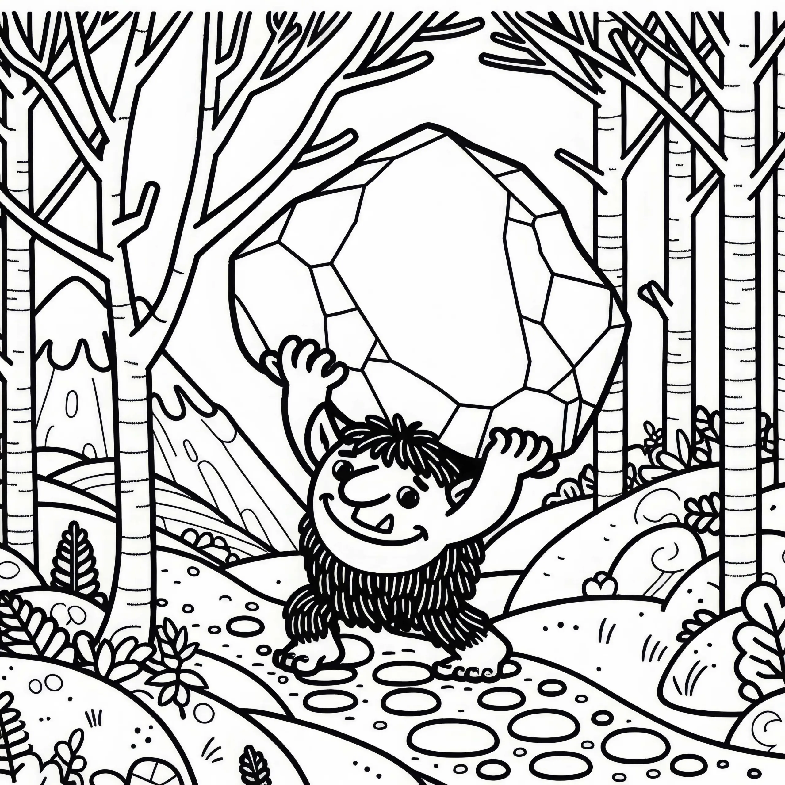 Troll hebt großen Felsen, um einen Weg zu blockieren: Ausmalbild zum Herunterladen (Kostenlos)