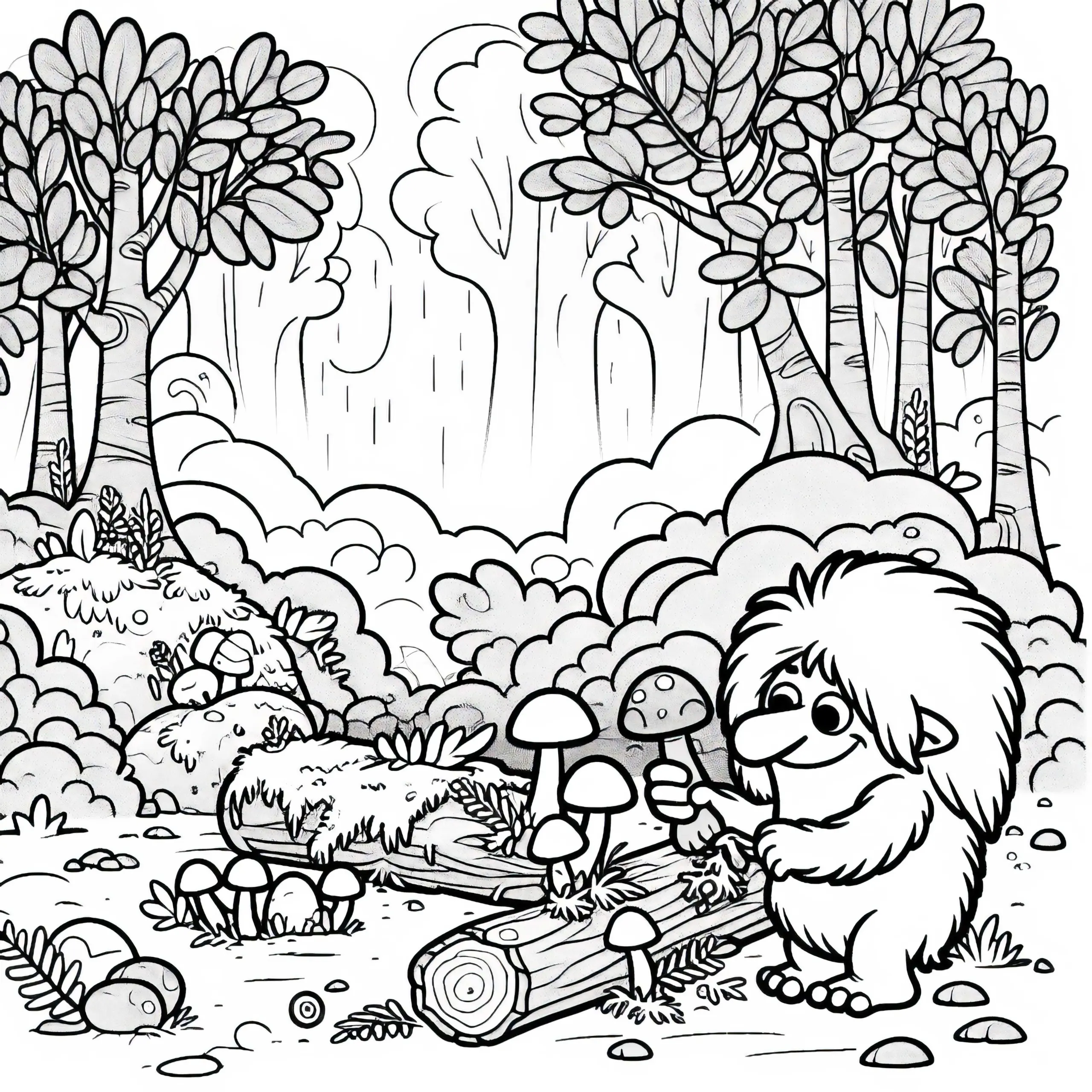 Troll sammelt Moos und Pilze in nebligem Wald: Ausmalbild zum Download (Kostenlos)